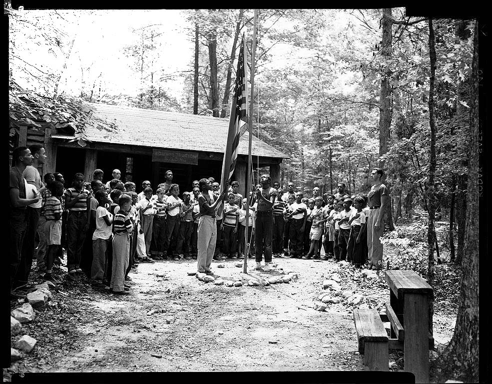 The young men of Camp Lichtman gather in front of the camp administration building. Photo courtesy: Scurlock Studios, Archives Center, National Museum of American History, Smithsonian Institution
