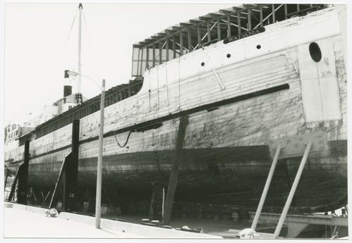 Various views of Wapama (built 1915; steam schooner) for condition survey and at different points during rennovation, circa 1987-1991