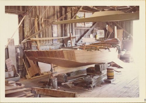 Boats under construction at the Aeolus Boat Shop, Davenport, California