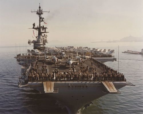Sample of photographs of Coral Sea (built 1946; aircraft carrier: U.S. Navy, CVB-43), underway in the San Francisco Bay