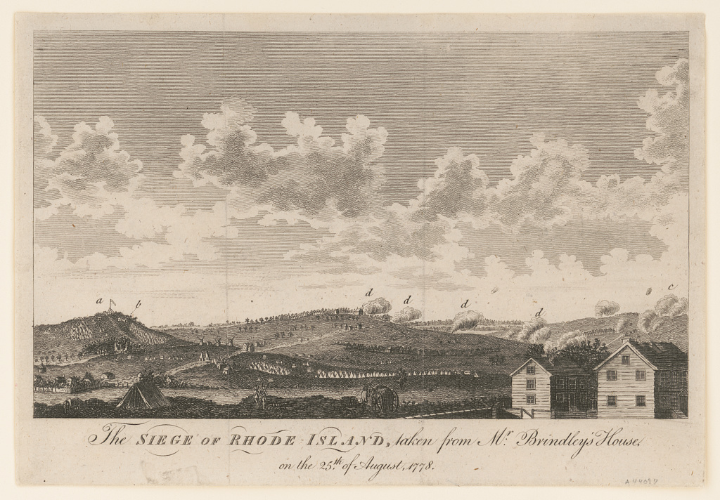 Drawing of a battle of Rhode Island. Buildings are in the front right. Mountains with military units are in the background.