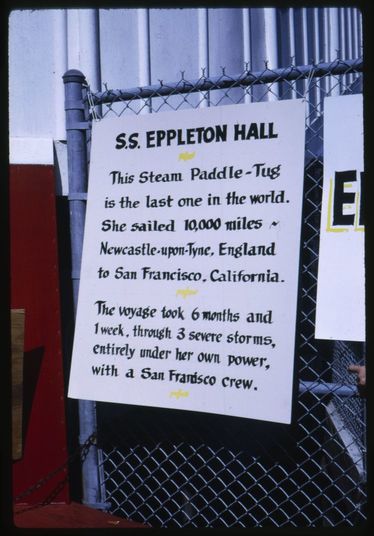 The arrival of the Eppleton Hall (built 1914; tugboat) in San Francisco, March 24, 1970