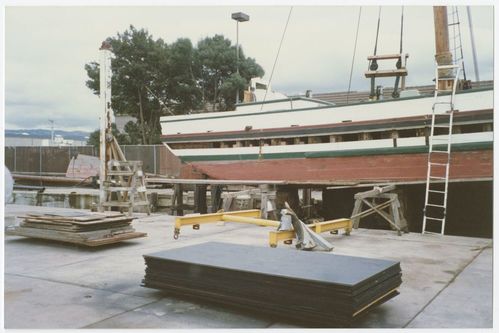Alma (built 1891; scow schooner) in dry dock, circa 1989