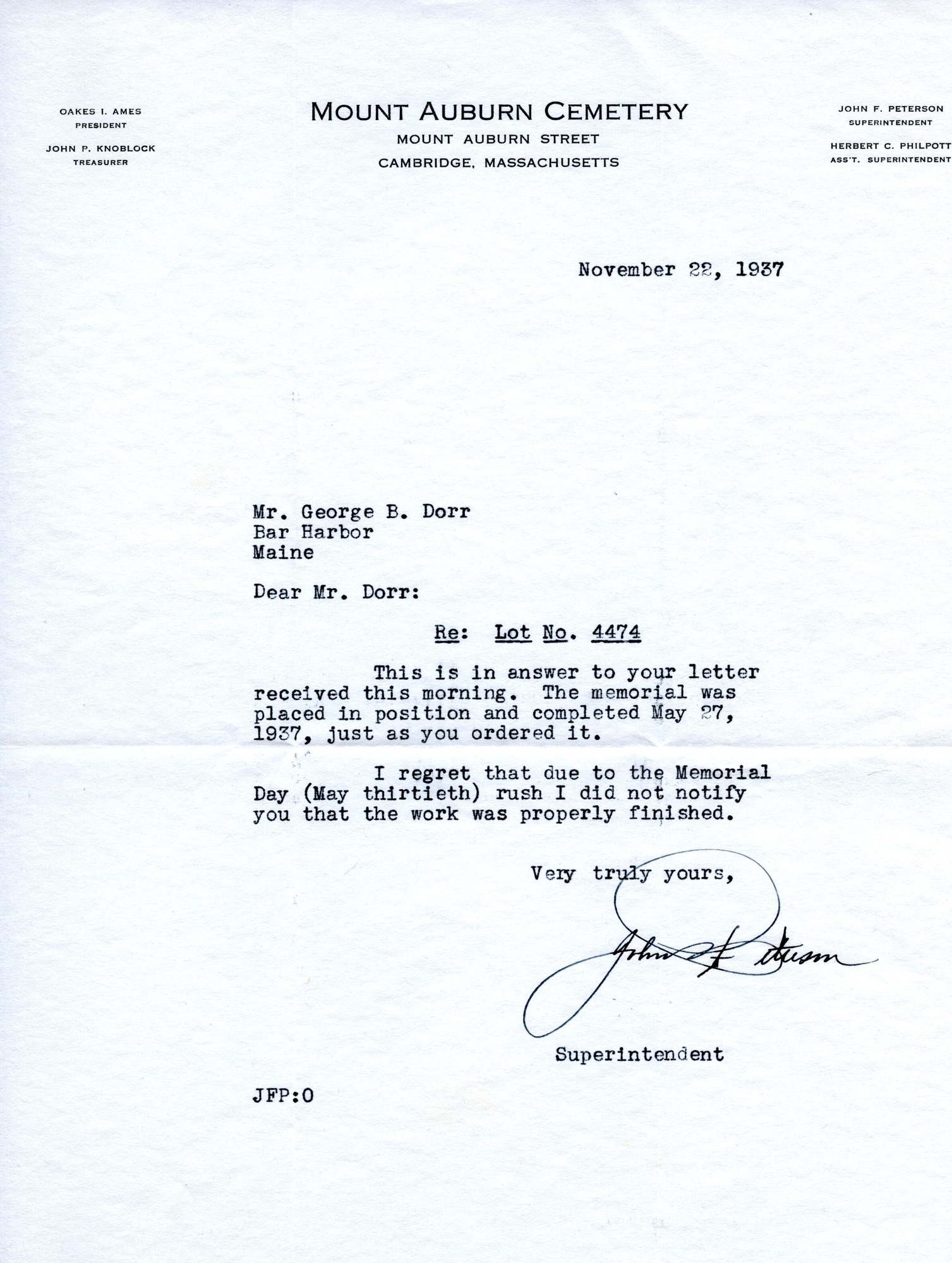 Letter, Peterson to Dorr, November 22, 1937.tif