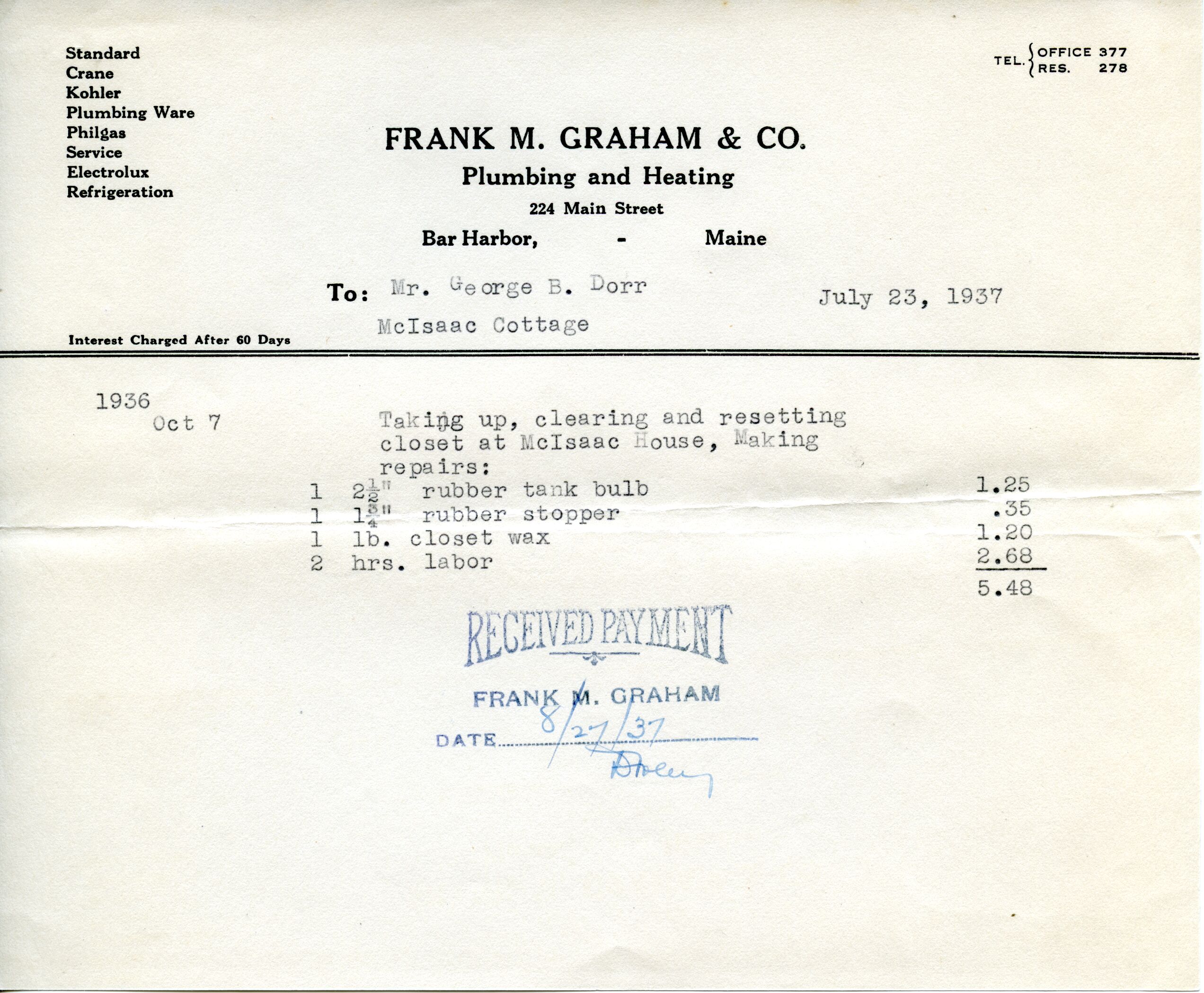 Receipt, Graham to Dorr, August 27, 1937 p.6.tif
