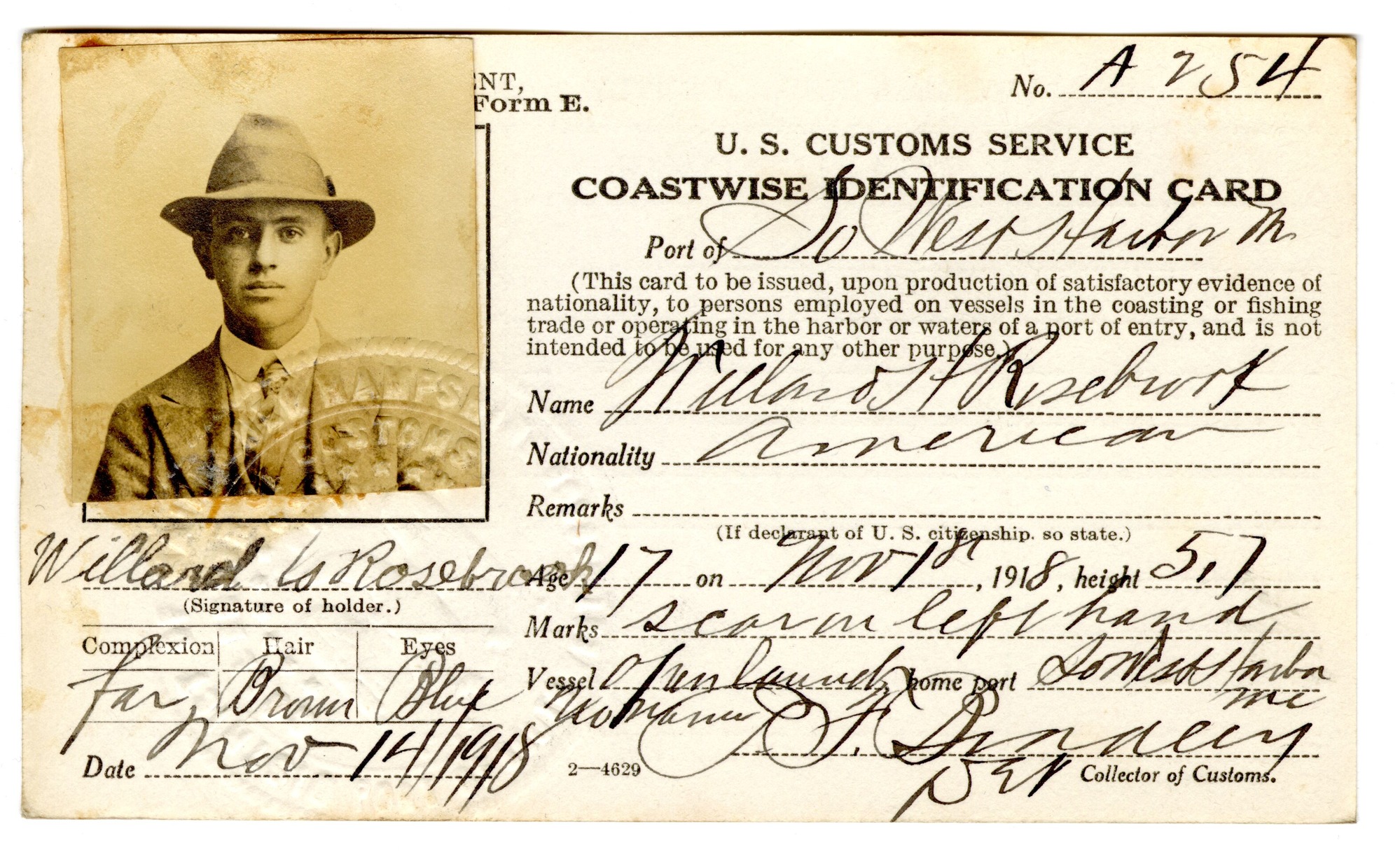 Willard H. Rosebrook 1918 Coastwise Identification Card