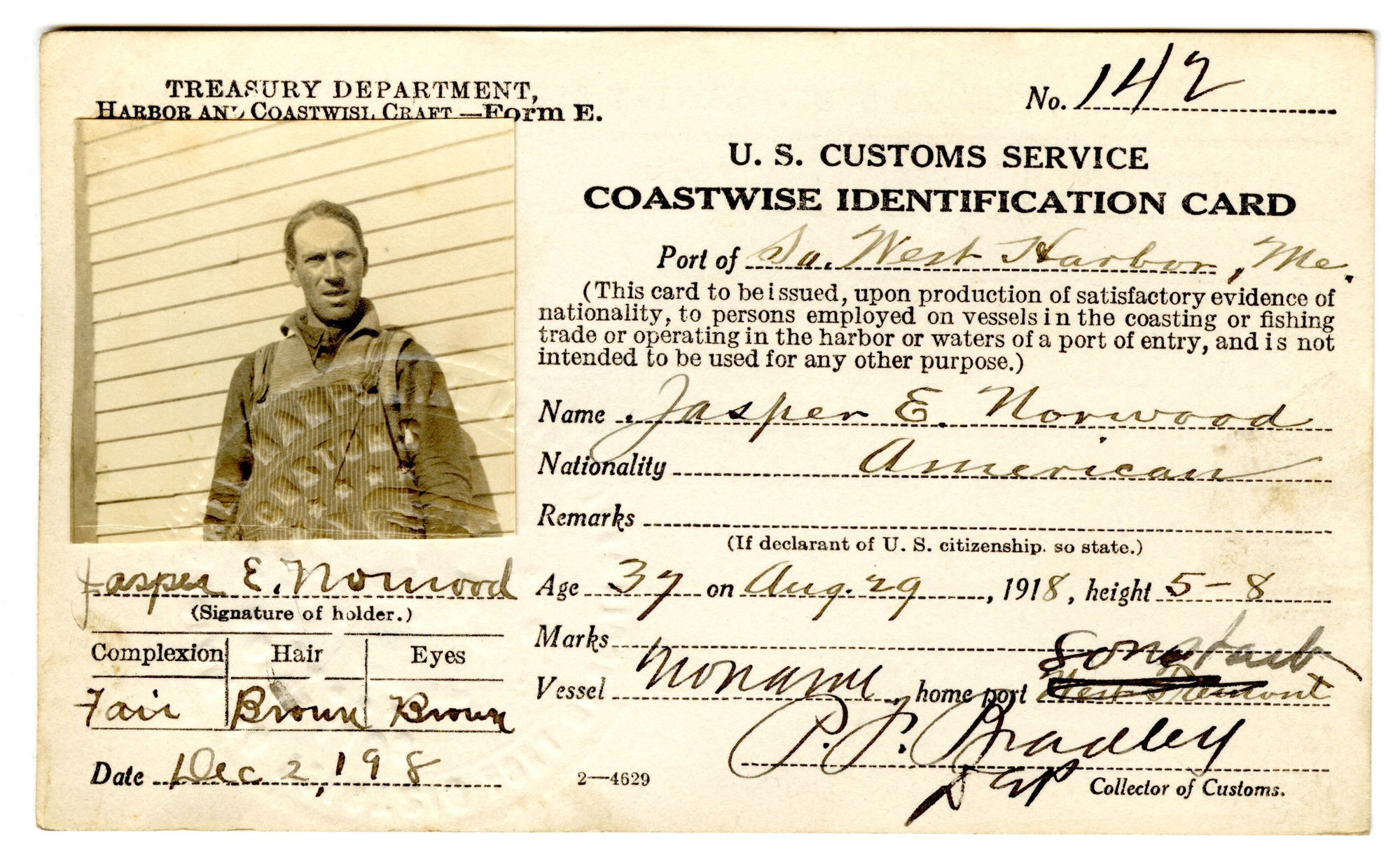 Jasper E. Norwood 1918 Coastwise Identification Card