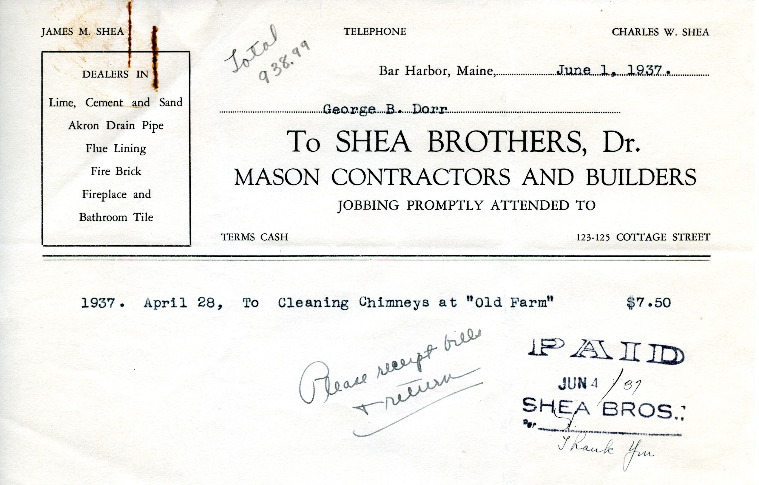 Receipt, Shea Brothers to Dorr, June 4, 1937 p.1.tif
