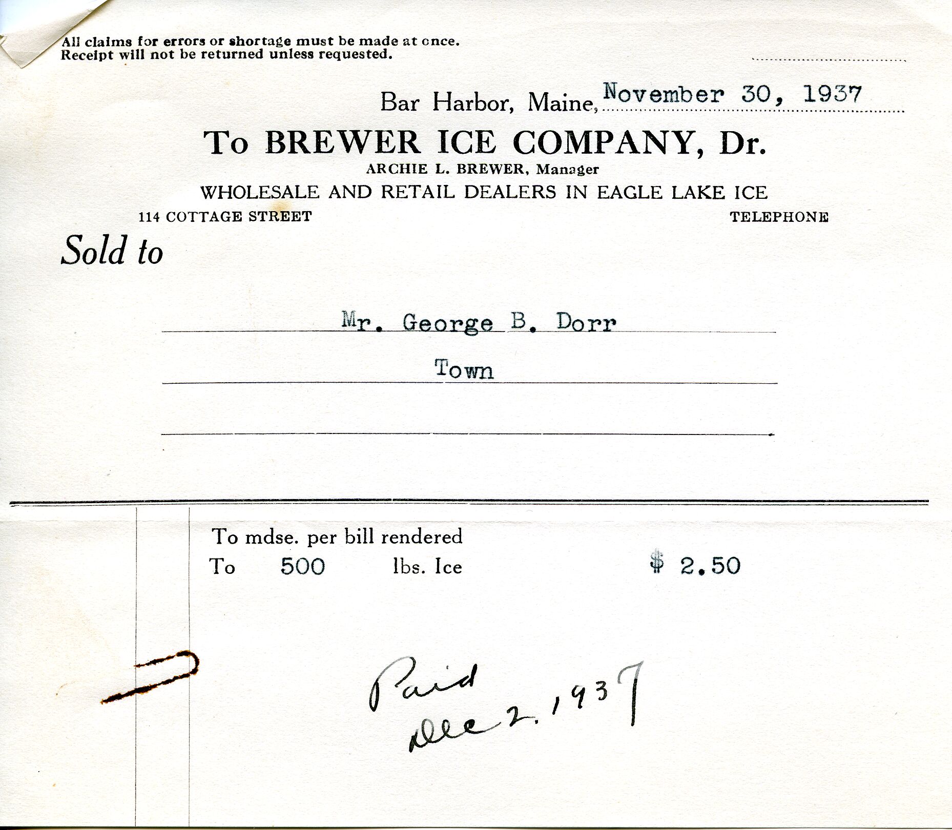 Receipt, Brewer Ice to Dorr, December 2, 1937.tif
