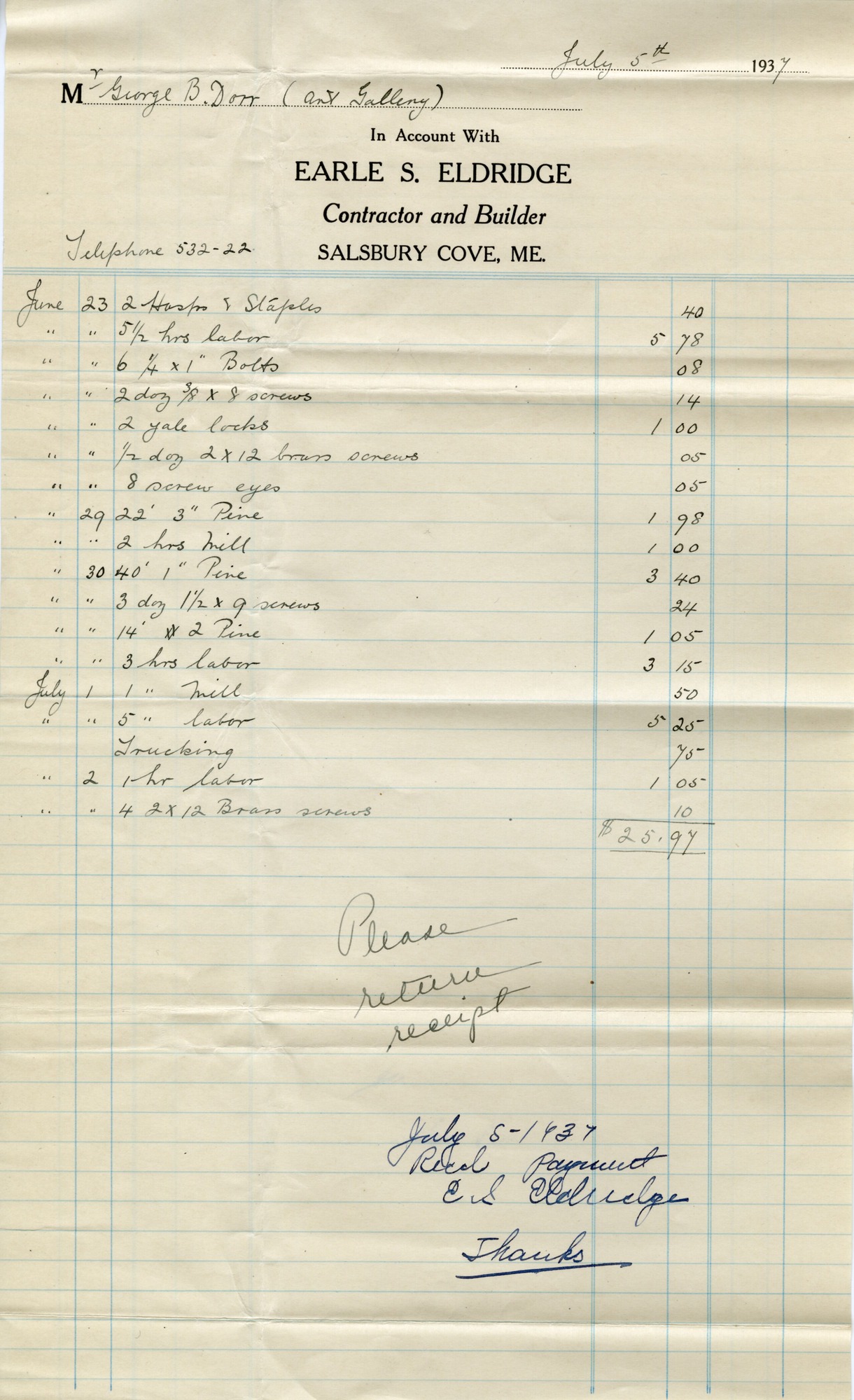 Receipt, Eldridge to Dorr, July 5, 1937.tif