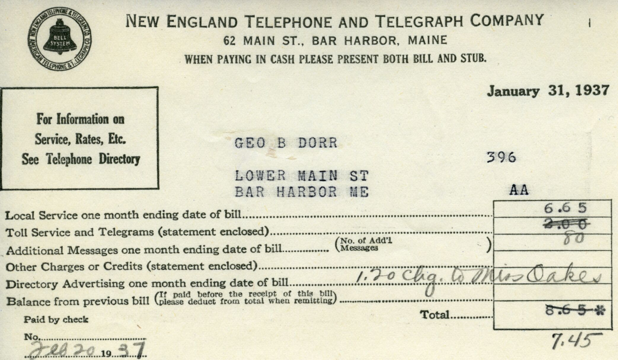Receipt, New England Telephone to Dorr, February 20, 1937.tif