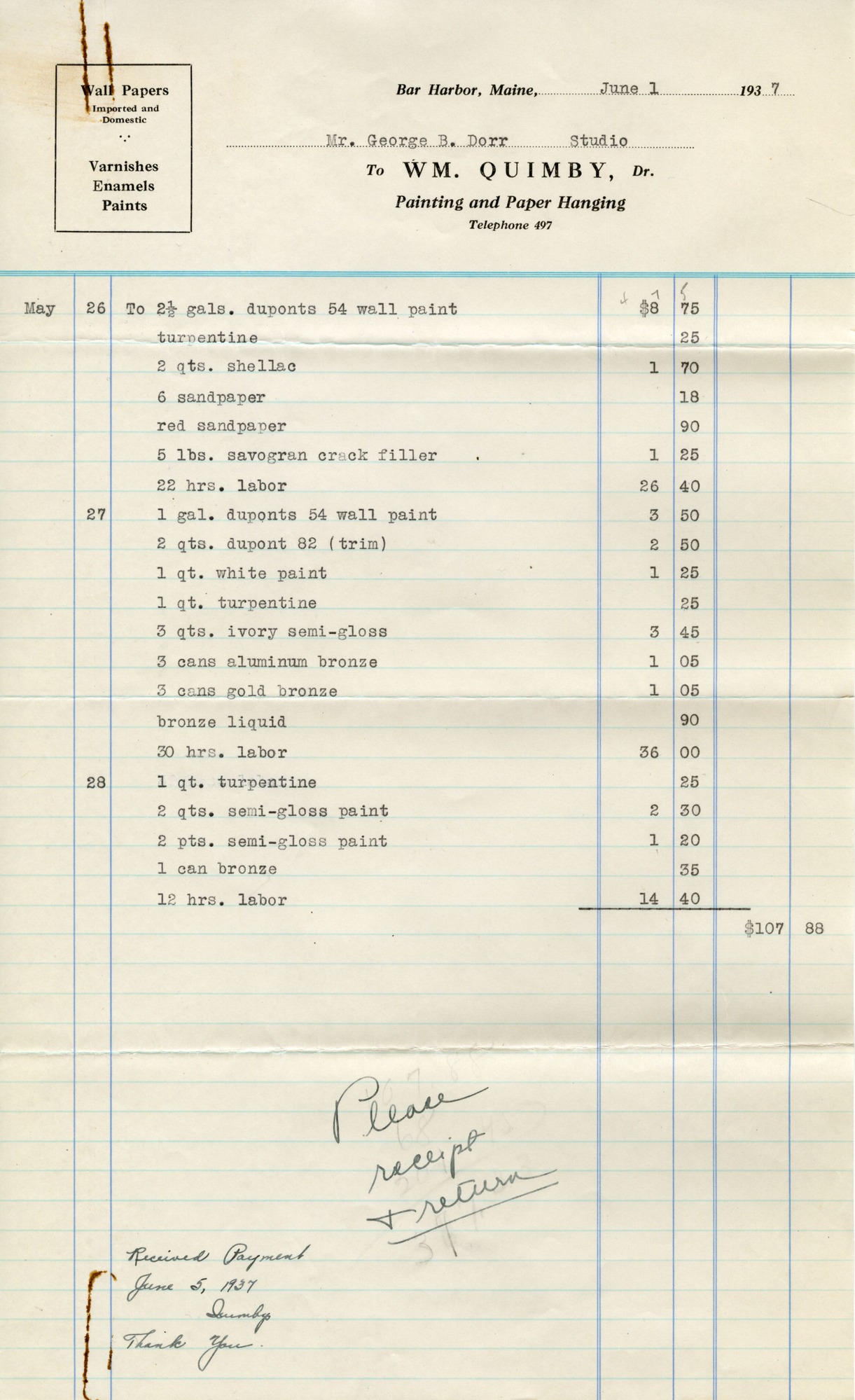 Receipt, Quimby to Dorr, June 5, 1937 p.1.tif