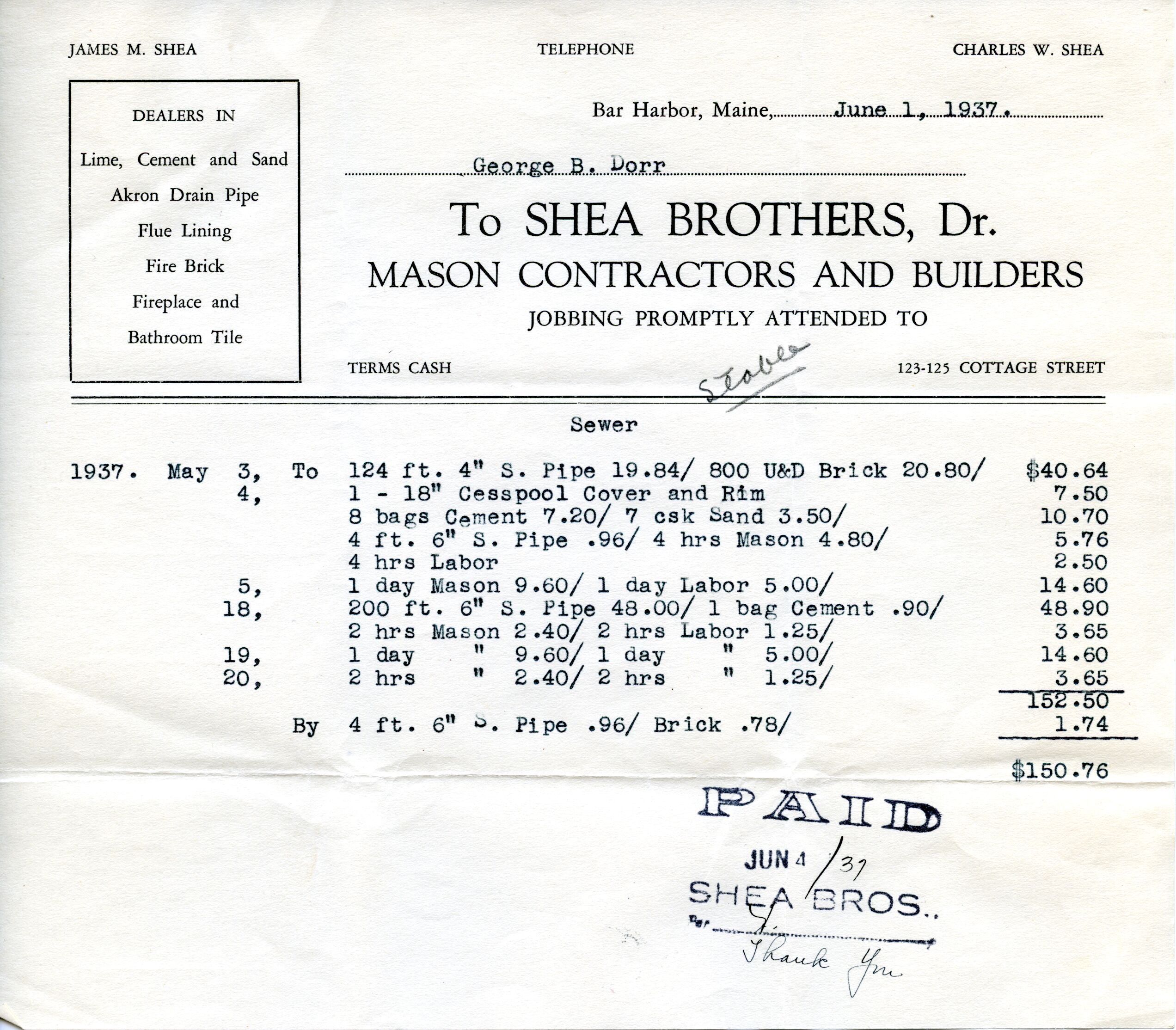 Receipt, Shea Brothers to Dorr, June 4, 1937 p.3.tif