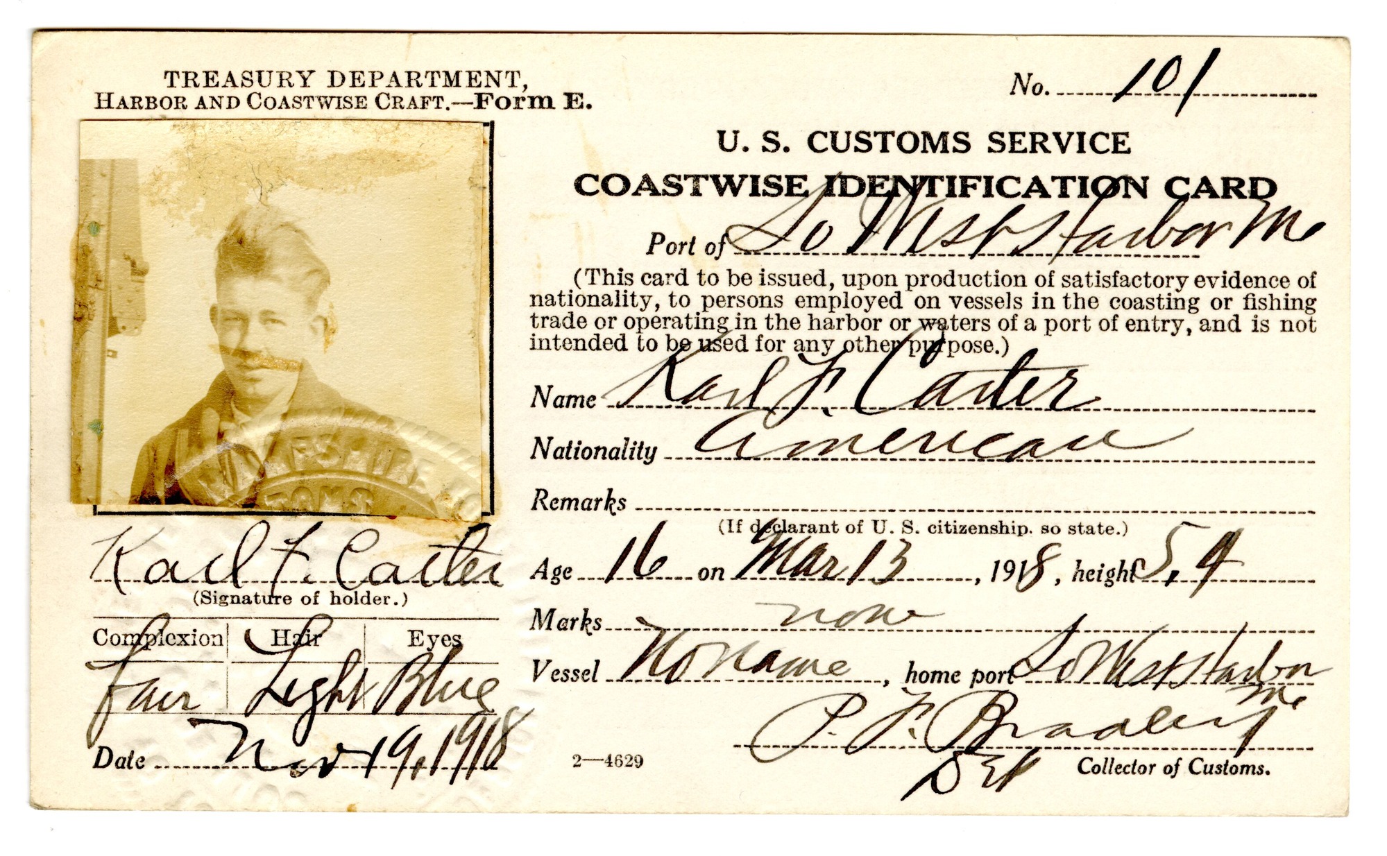 Karl F. Carter 1918 Coastwise Identification Card