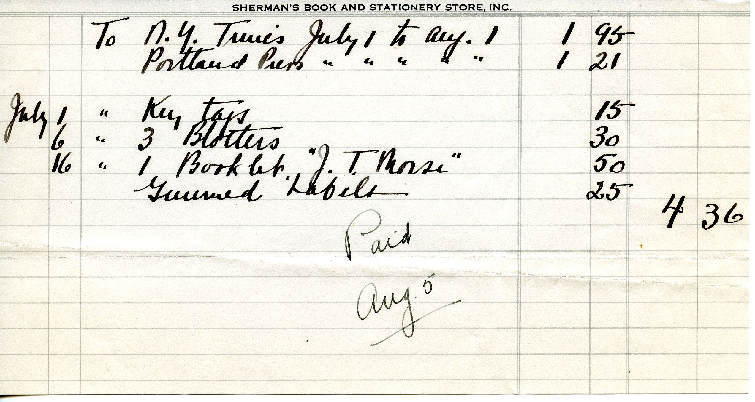Receipt, Sherman's to Dorr, August 5, 1937.tif