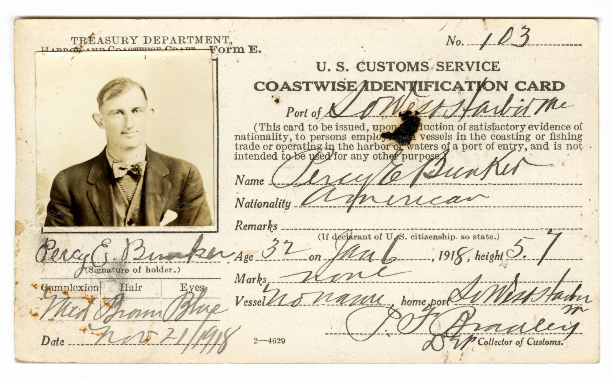 Percy E. Bunker 1918 Coastwise Identification Card