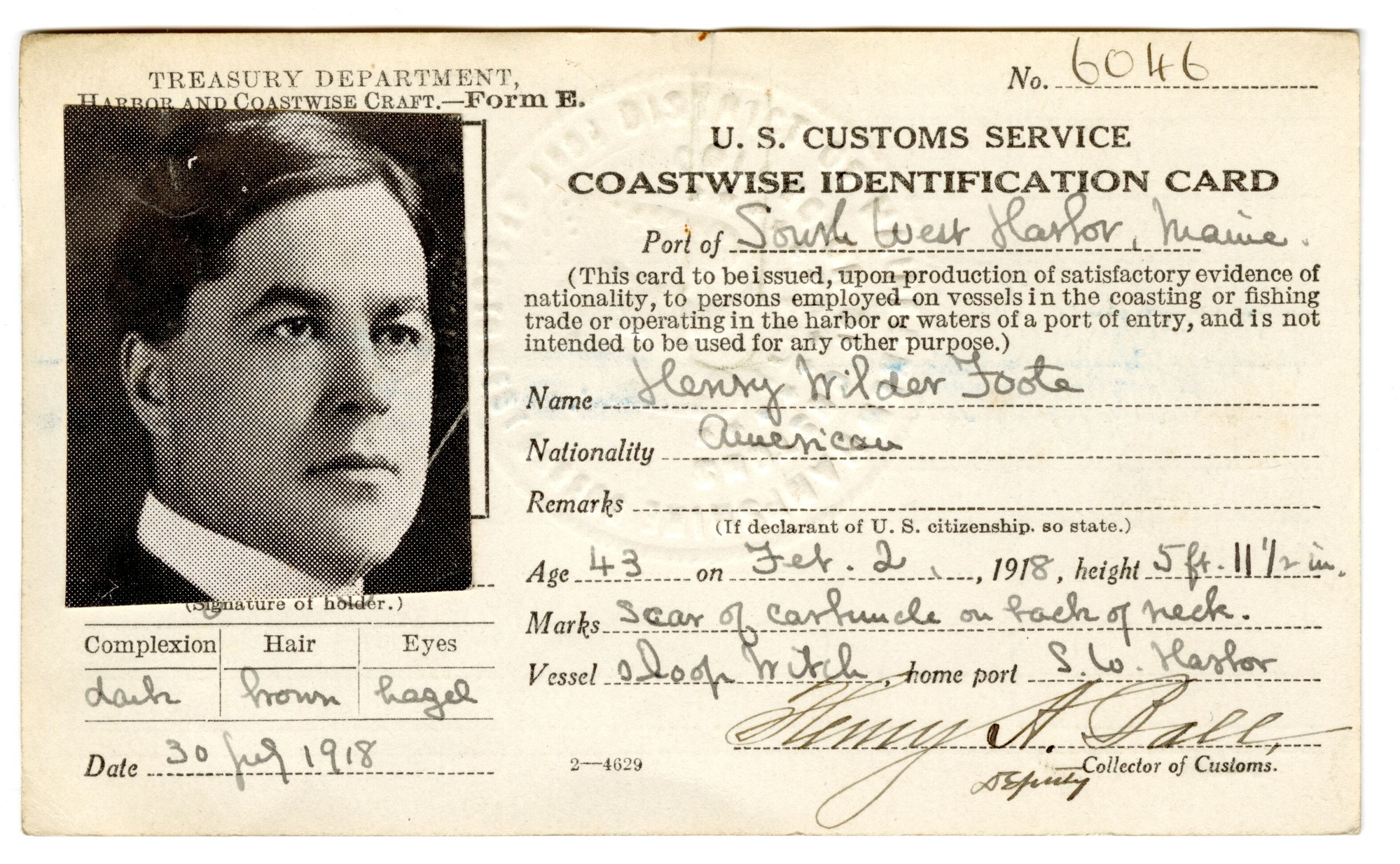 Henry Wilder Foote 1918 Coastwise Identification Card