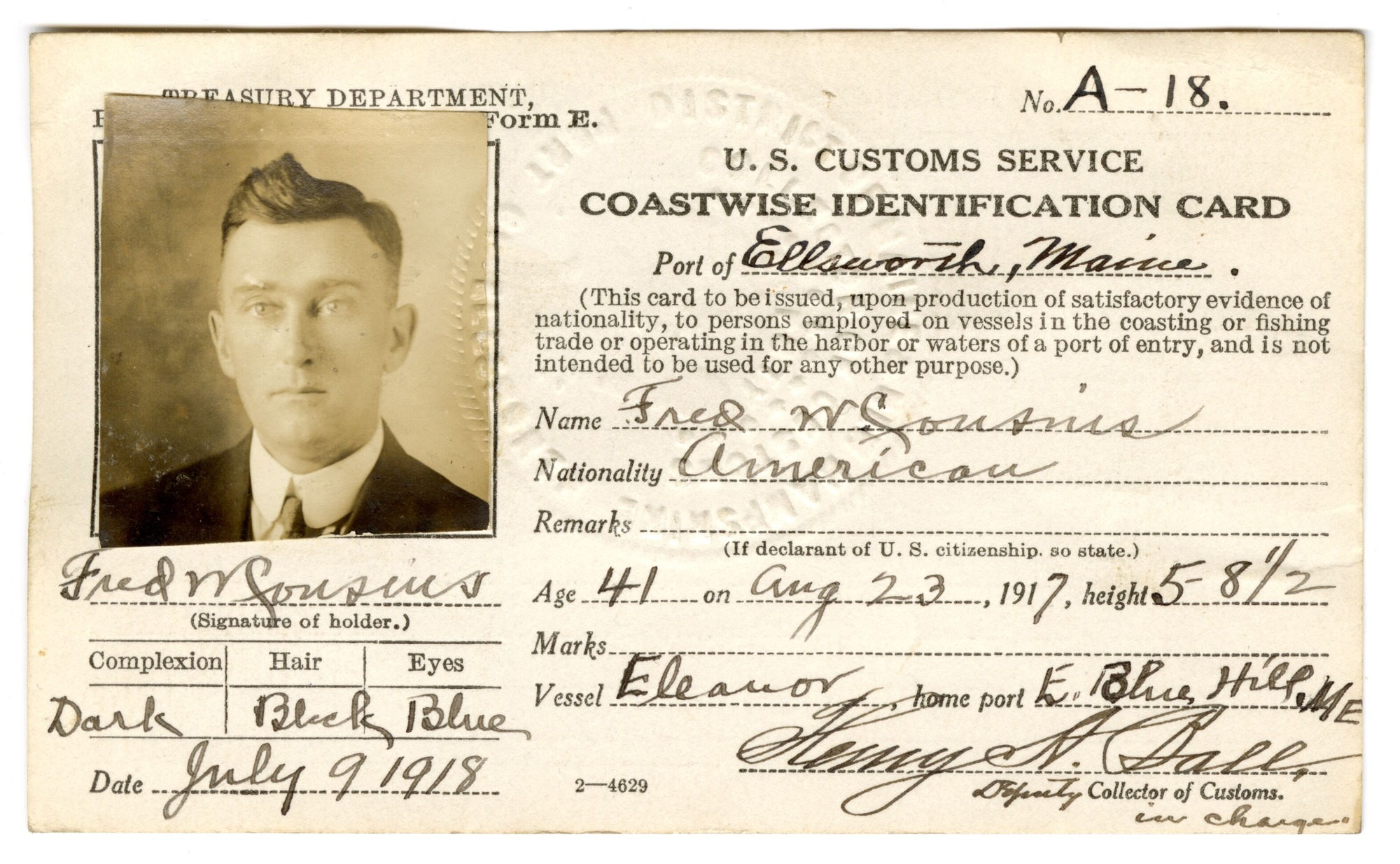 Fred W. Cousins 1918 Coastwise Identification Card