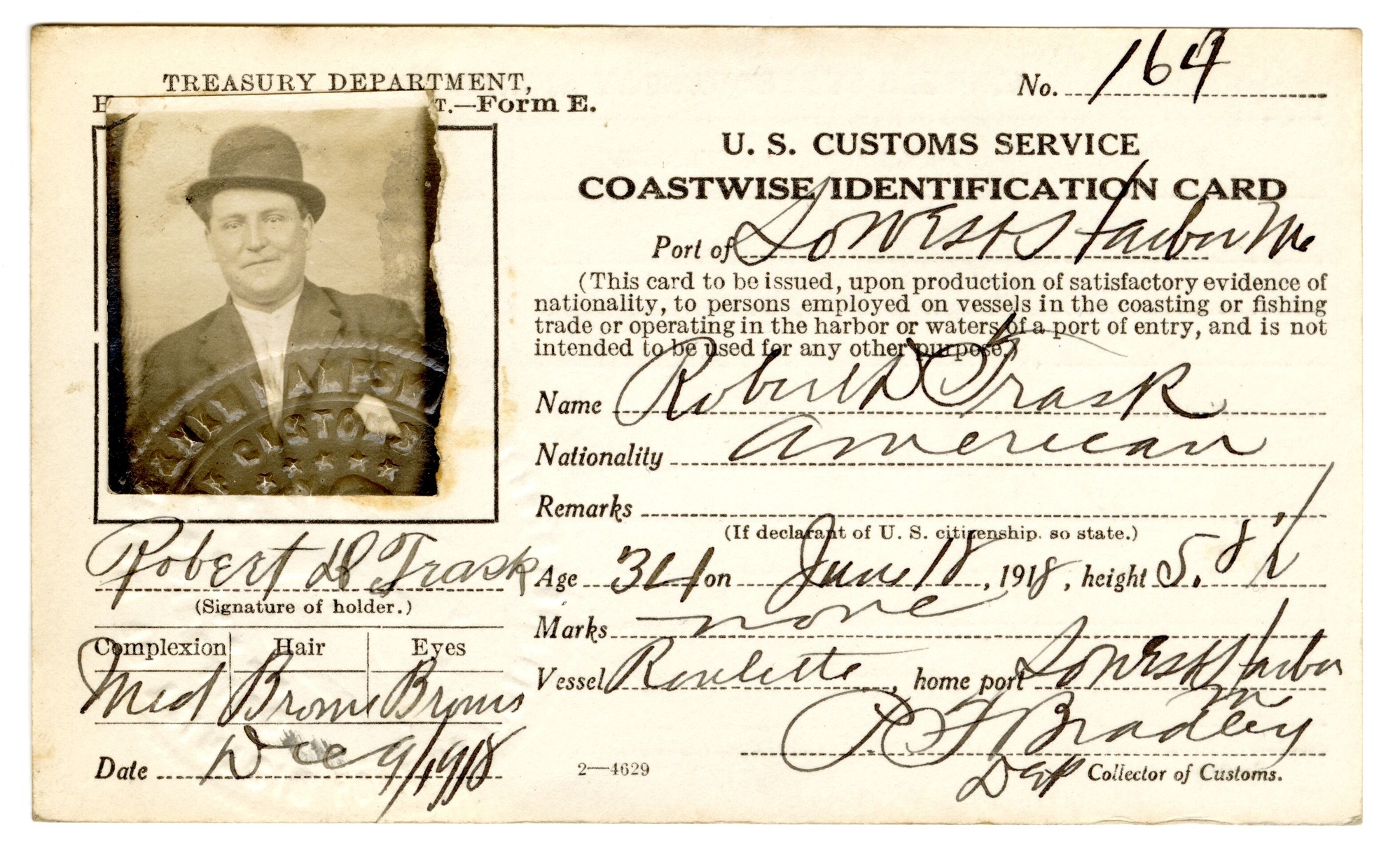 Robert D. Trask 1918 Coastwise Identification Card