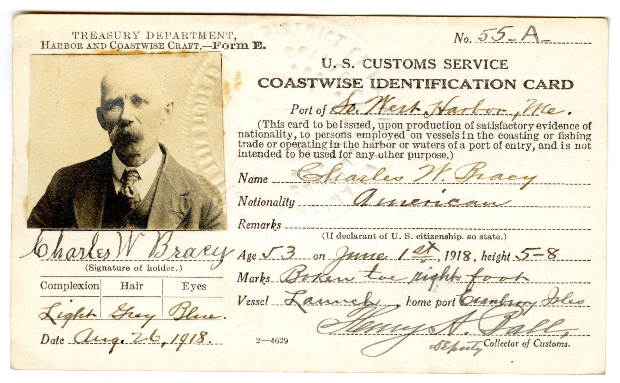 Charles W. Bracy 1918 Coastwise Identification Card
