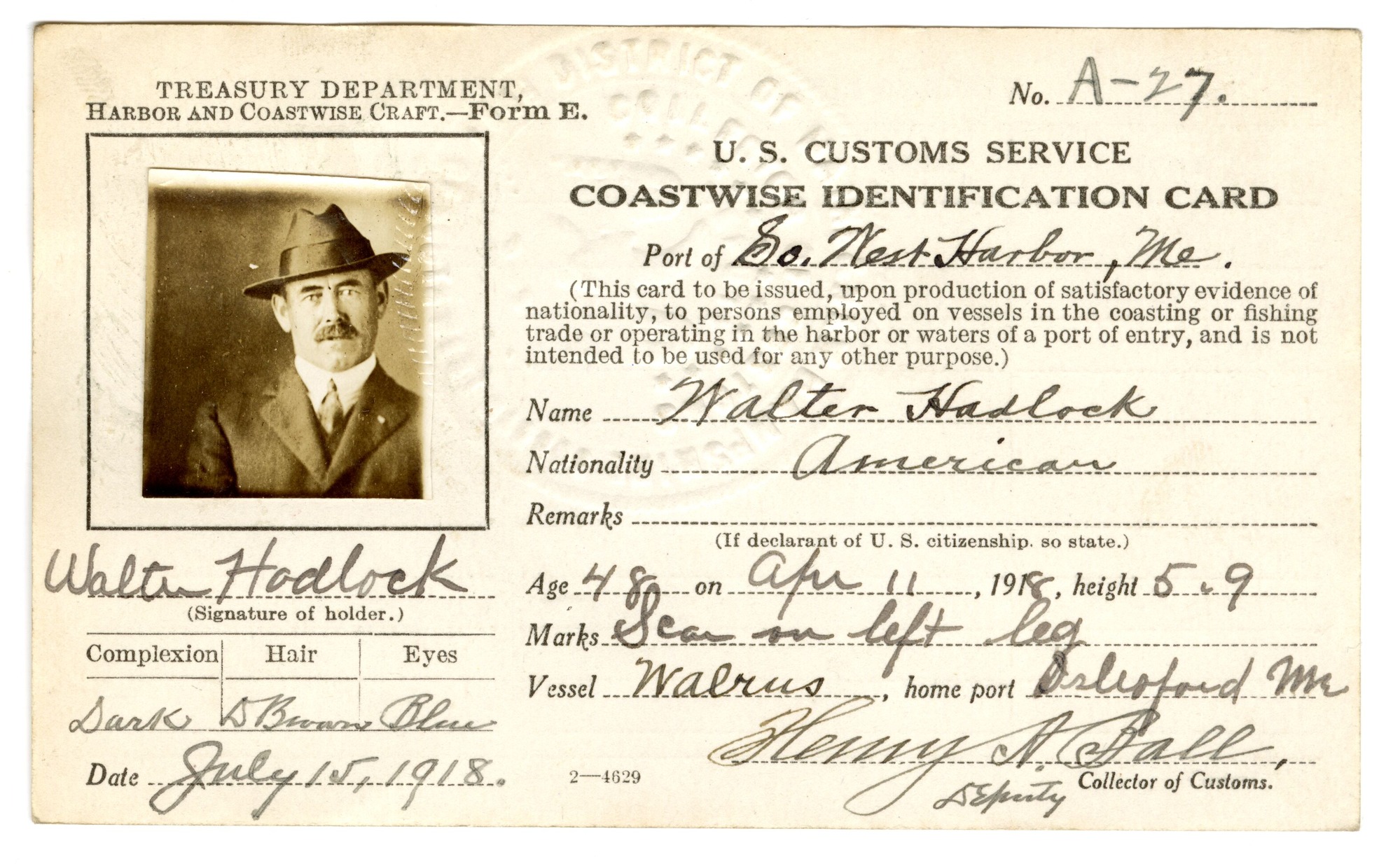 Walter Hadlock 1918 Coastwise Identification Card