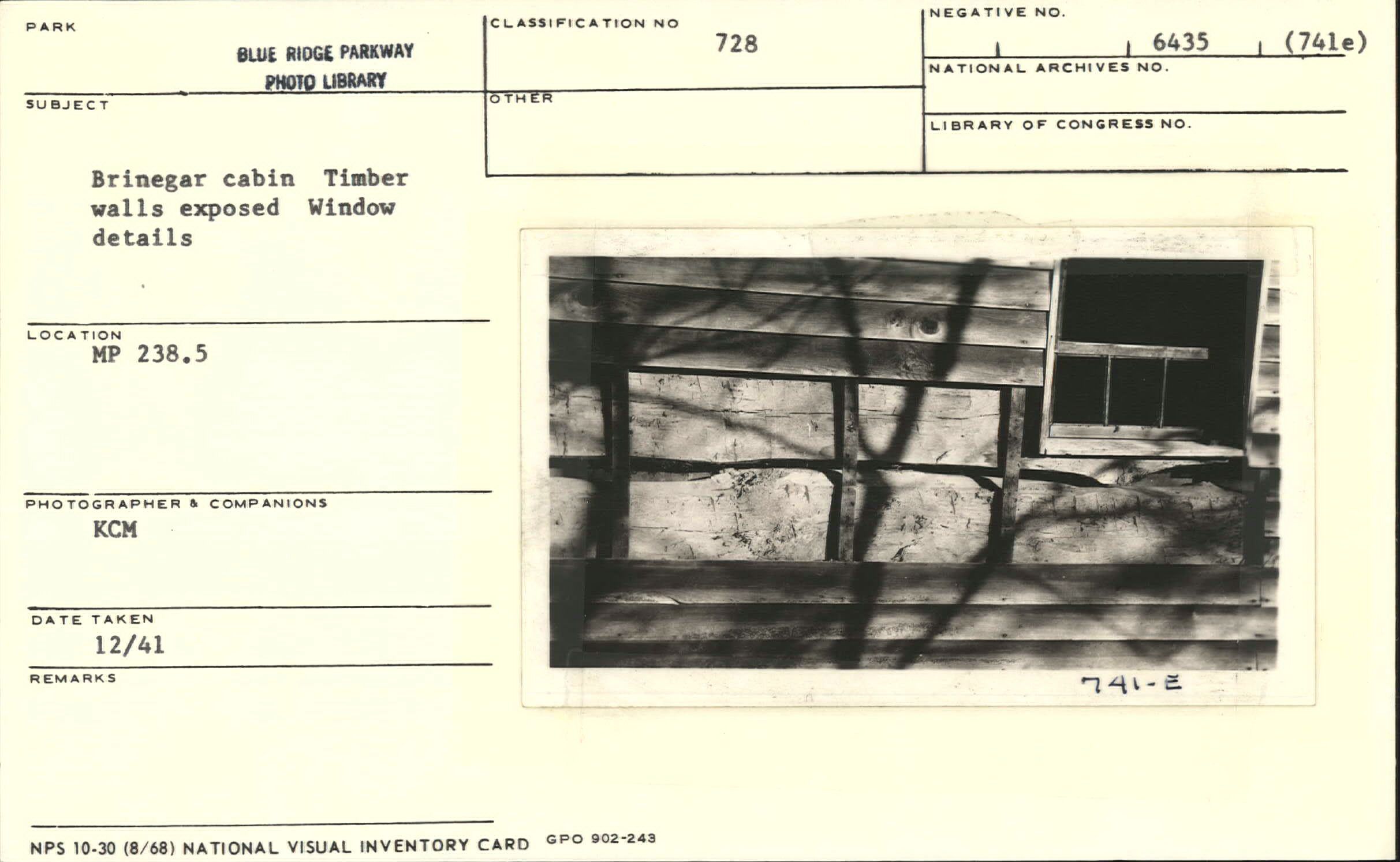 Brinegar Cabin, showing timber walls exposed and window details