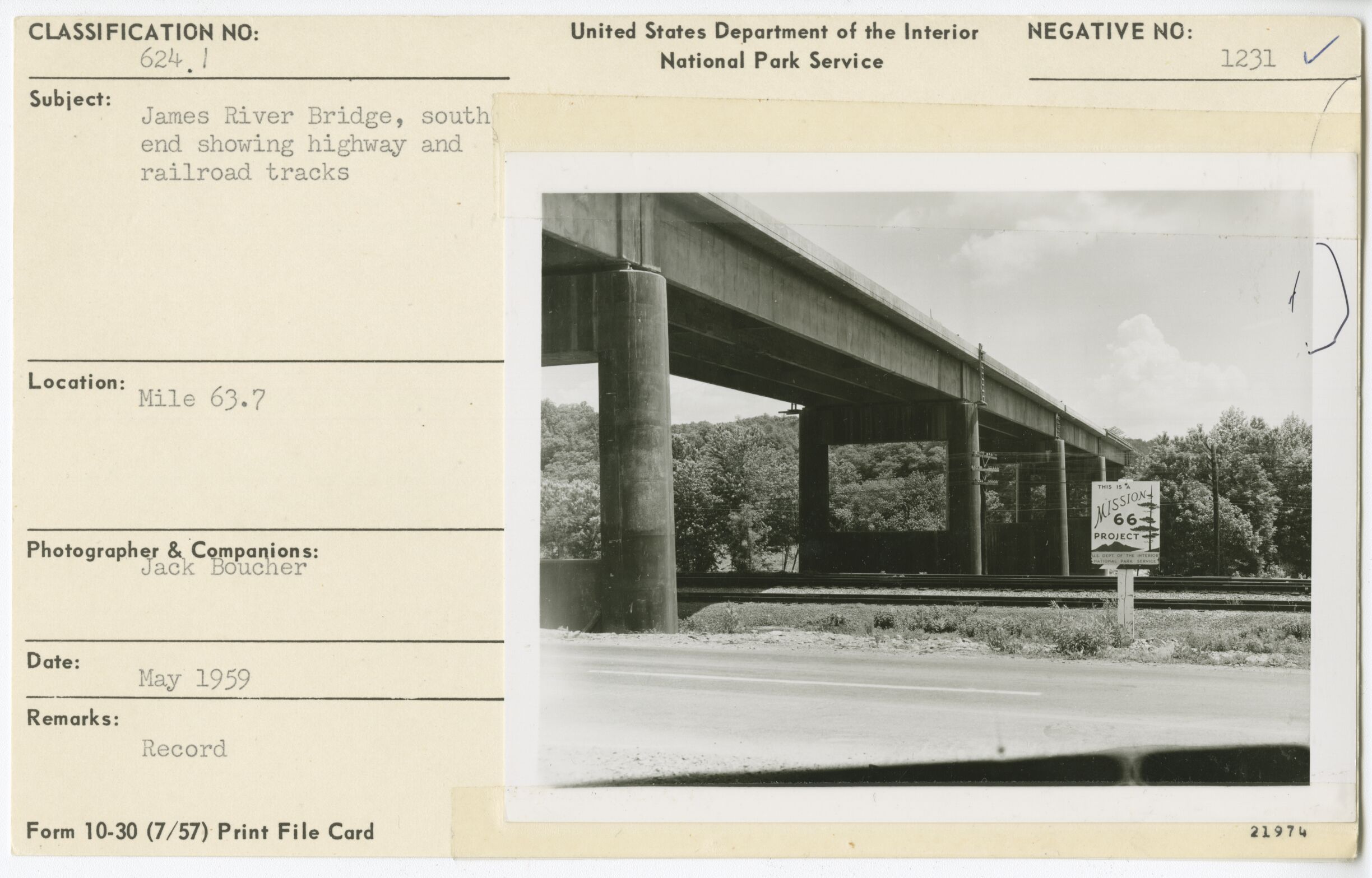 James River Bridge, south end showing highway and railroad tracks