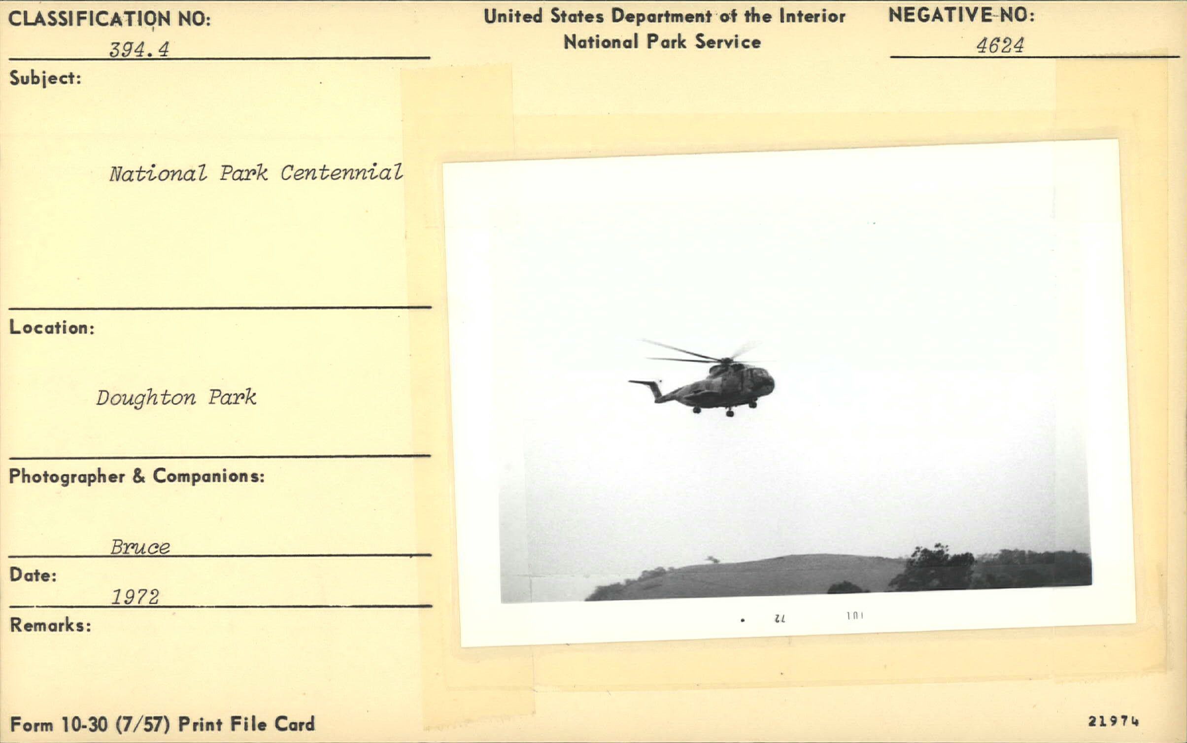 National Park Centennial showing helicopter in flight