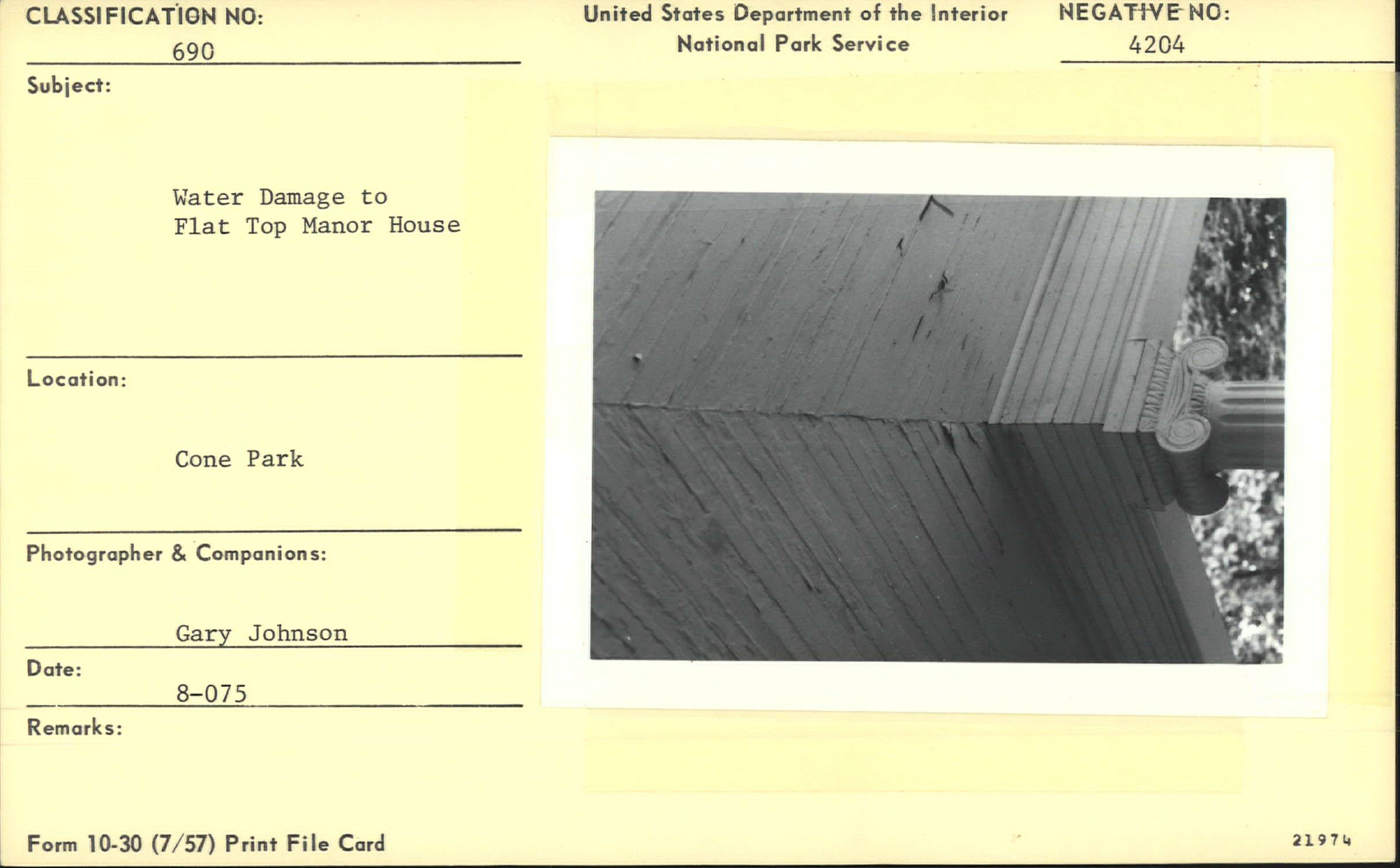 Water damage on porch of Flat Top Manor House