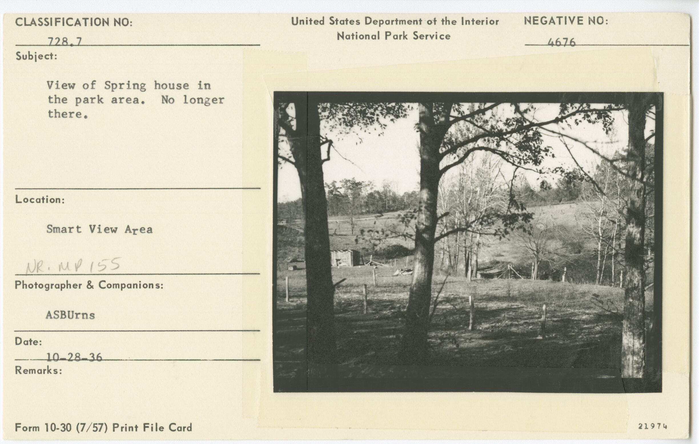 View of Springhouse in the park area, no longer exists