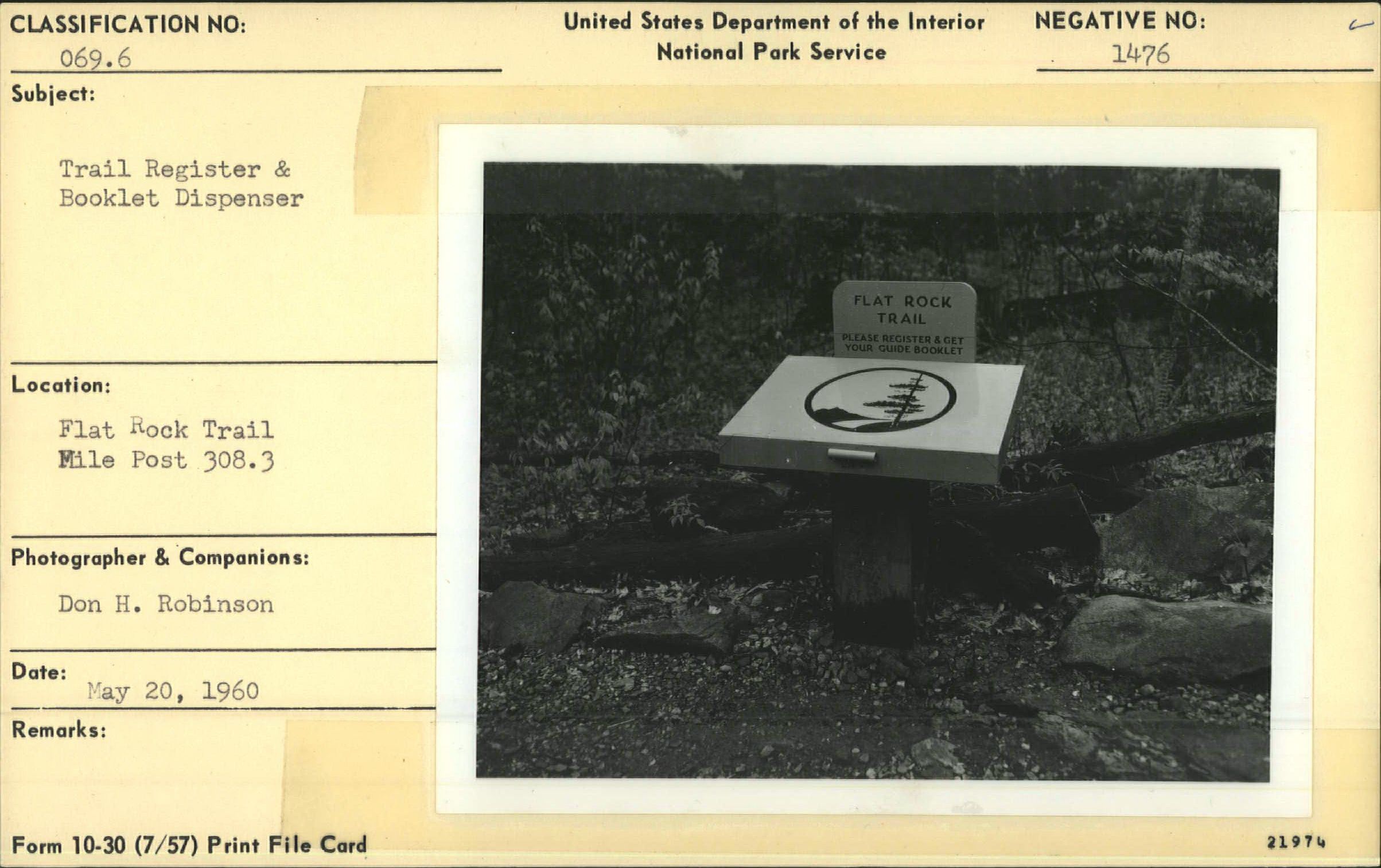 Trail register and booklet dispenser at Flat Rock