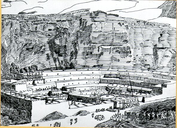 Photograph of an Ink Drawing of Pueblo Bonito, Based on the Robert Coffin Painting