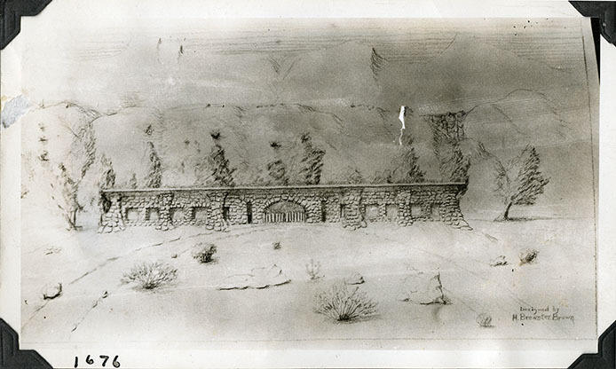 This is an historic black and white photograph from the Scotty's Castle Historic Photograph Collection, Death Valley National Park of architectural drawing, single story rock building. Drawn by H. Brewster Brown. Circa 1928. Photographed by Mat Roy Thompson.