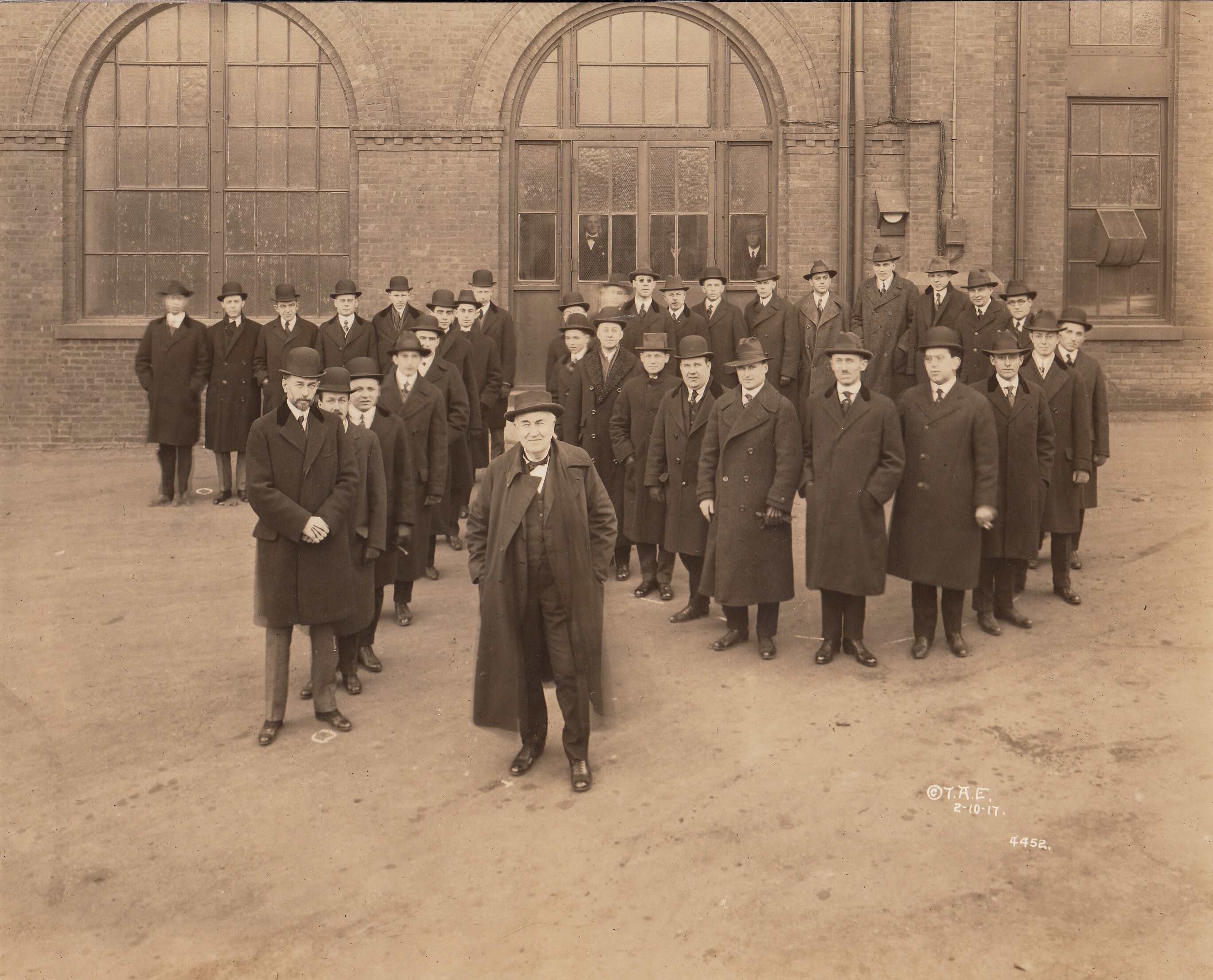 The day before Thomas Edison's 70th birthday; Ediphone distributors forming the number "70" behind him.