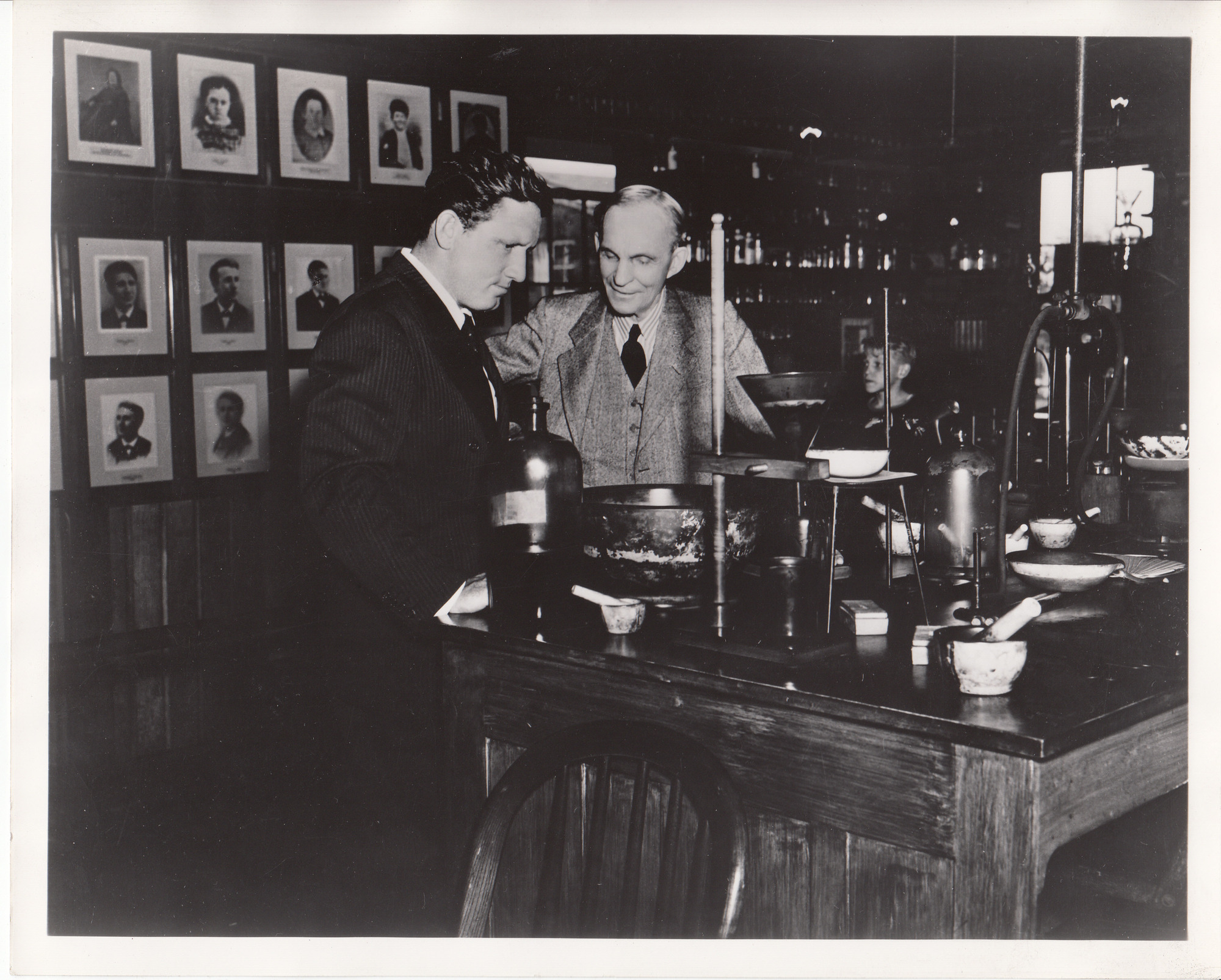 Spencer Tracy and Henry Ford at reconstructed Menlo Park lab.