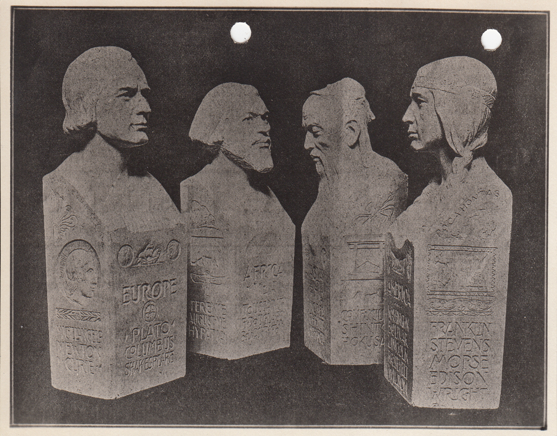 Thomas Edison's name on statue of Pocahontas; other statues bear names of famous persons from the several continents.