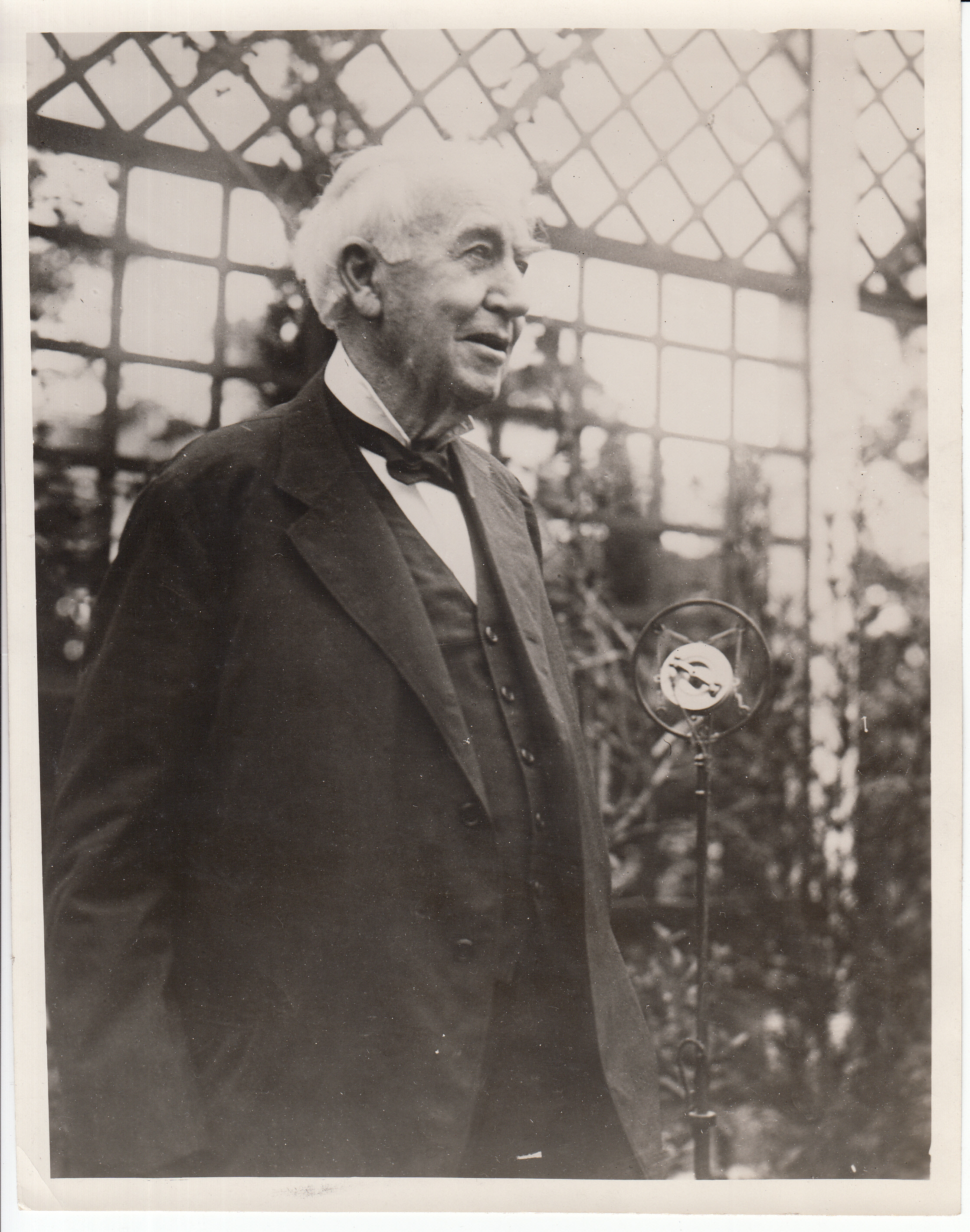 Thomas Edison at the microphone at his Fort Myers home on his 82nd birthday.