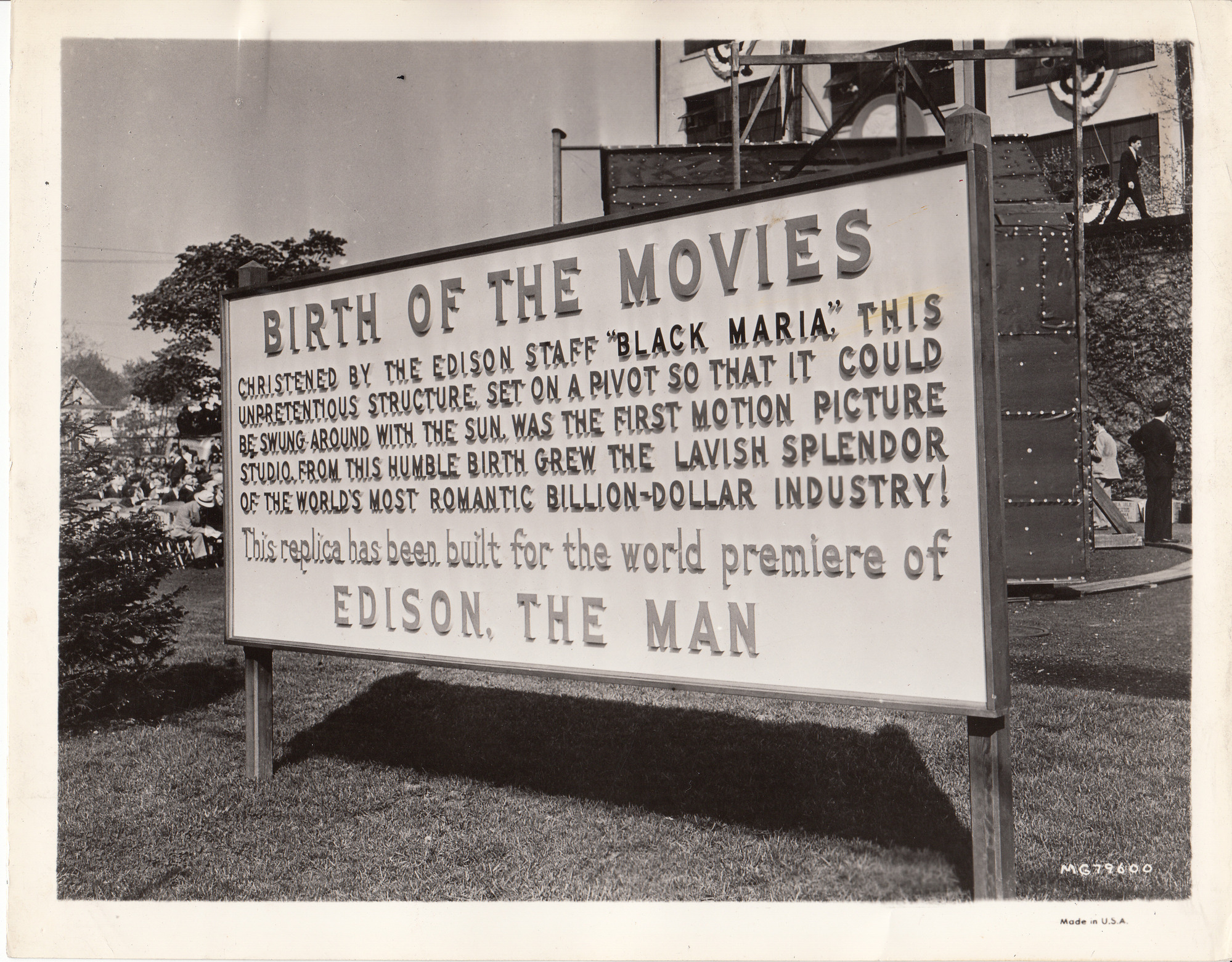 Sign describing the Black Maria replica, built for the world premiere of "Edison, the Man" at the Edison Pageant of Progress.