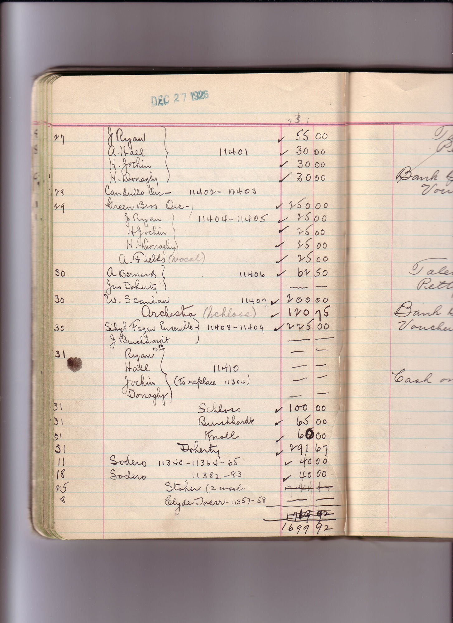 Thomas Edison's New York City Recording Studio Cash Book 19 (of 21), Image 78 (of 116).