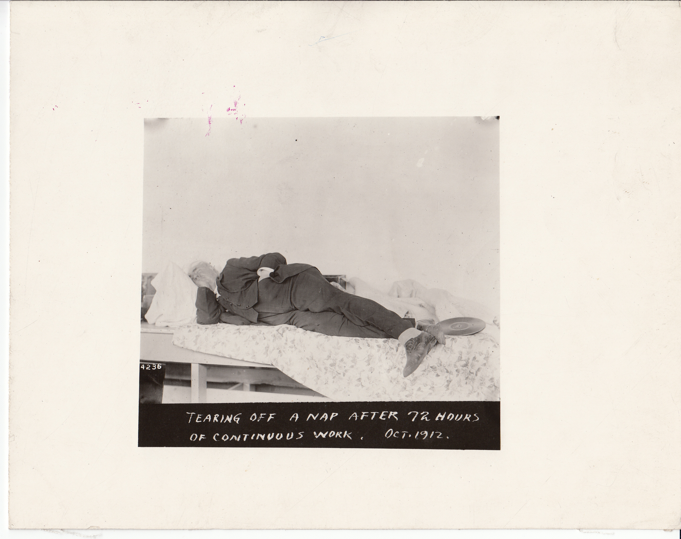 Thomas Edison "tearing off a nap after 72 hours of continuous work."