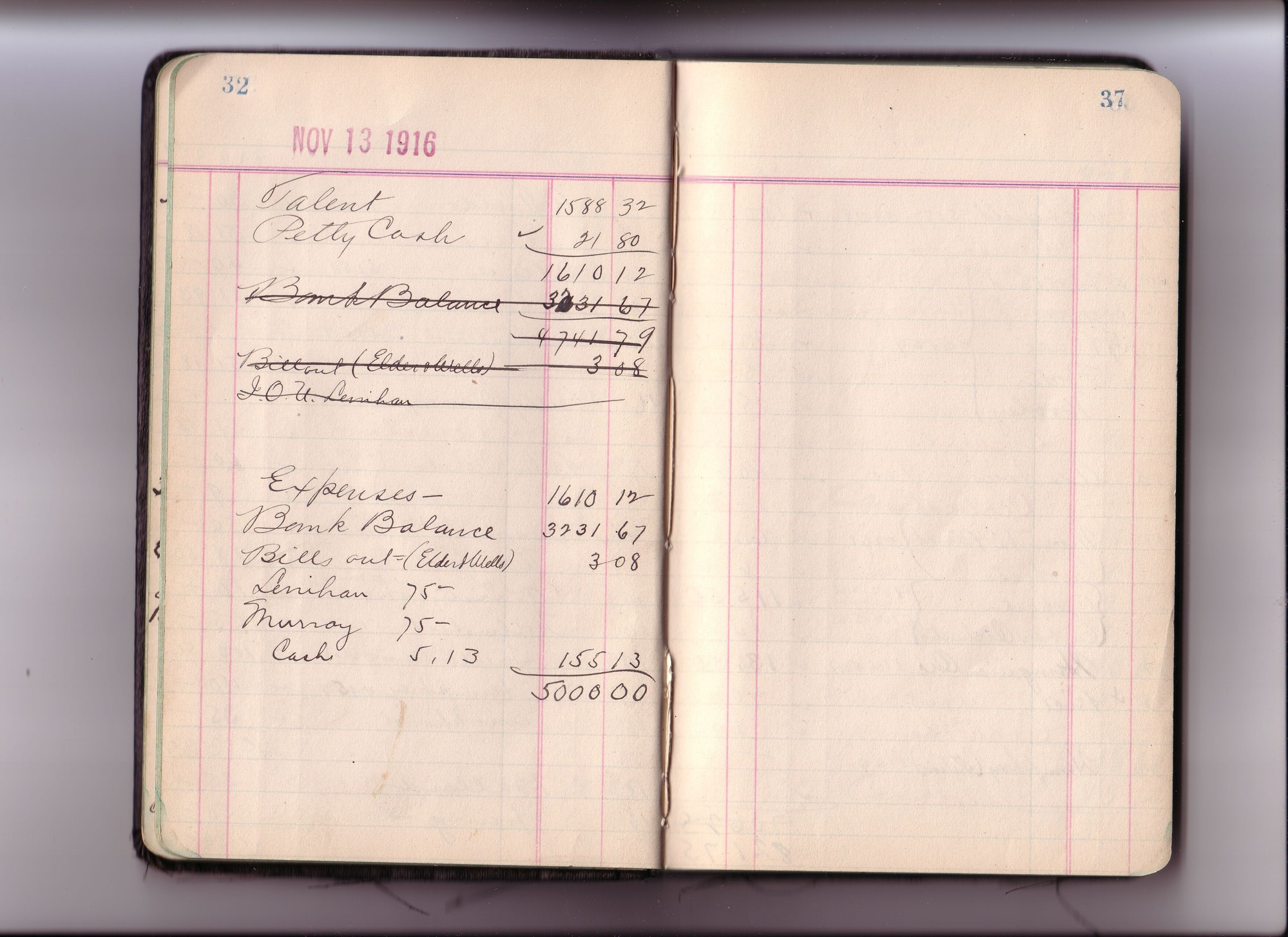 Thomas Edison's New York City Recording Studio Cash Book 14 (of 21), Image 16 (of 64).