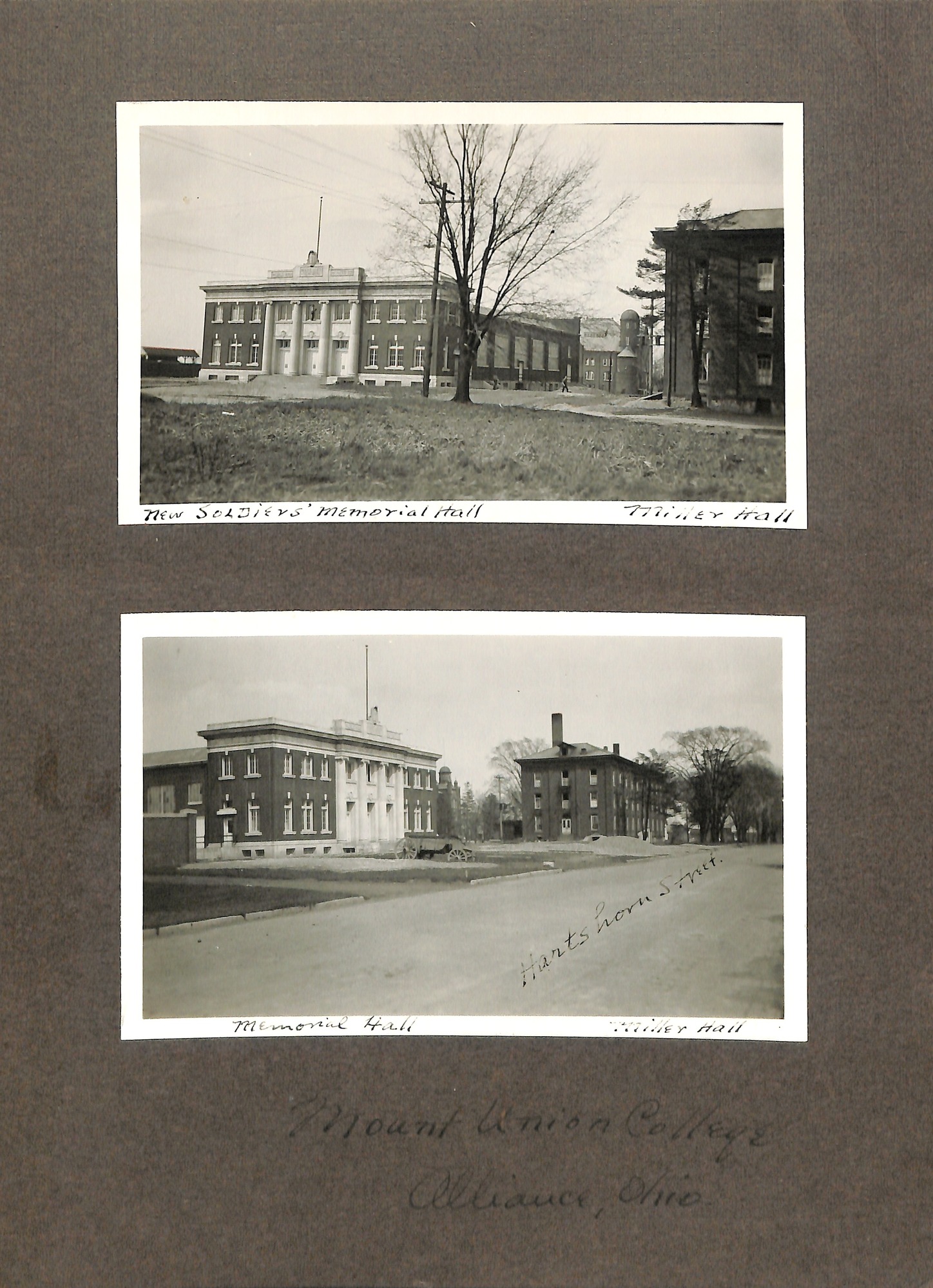 Mount Union College.  new Soldiers' Memorial Hall on left in both photos, Miller Hall on right.