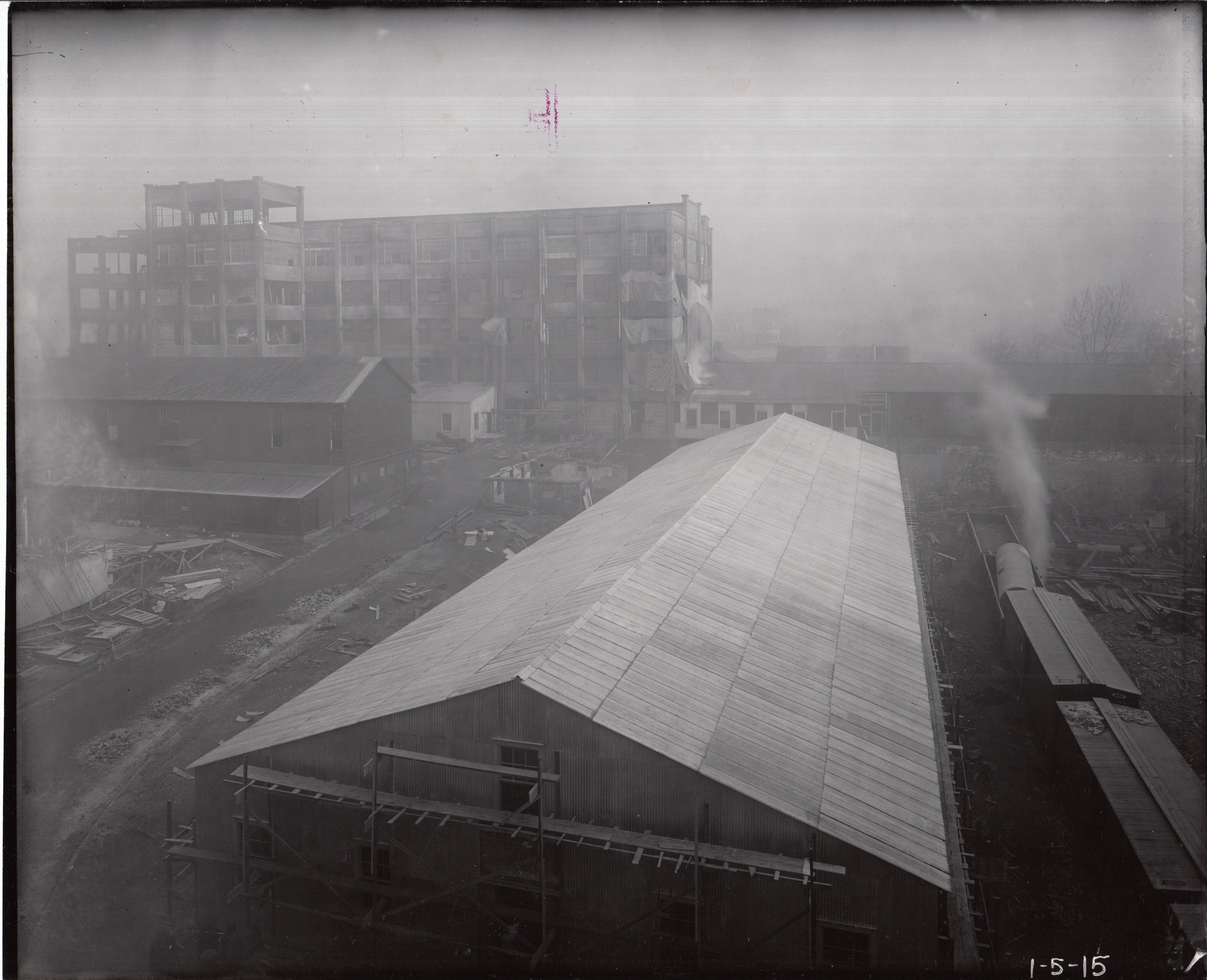Toward Alden Street from Building 25, Building 21 in foreground.