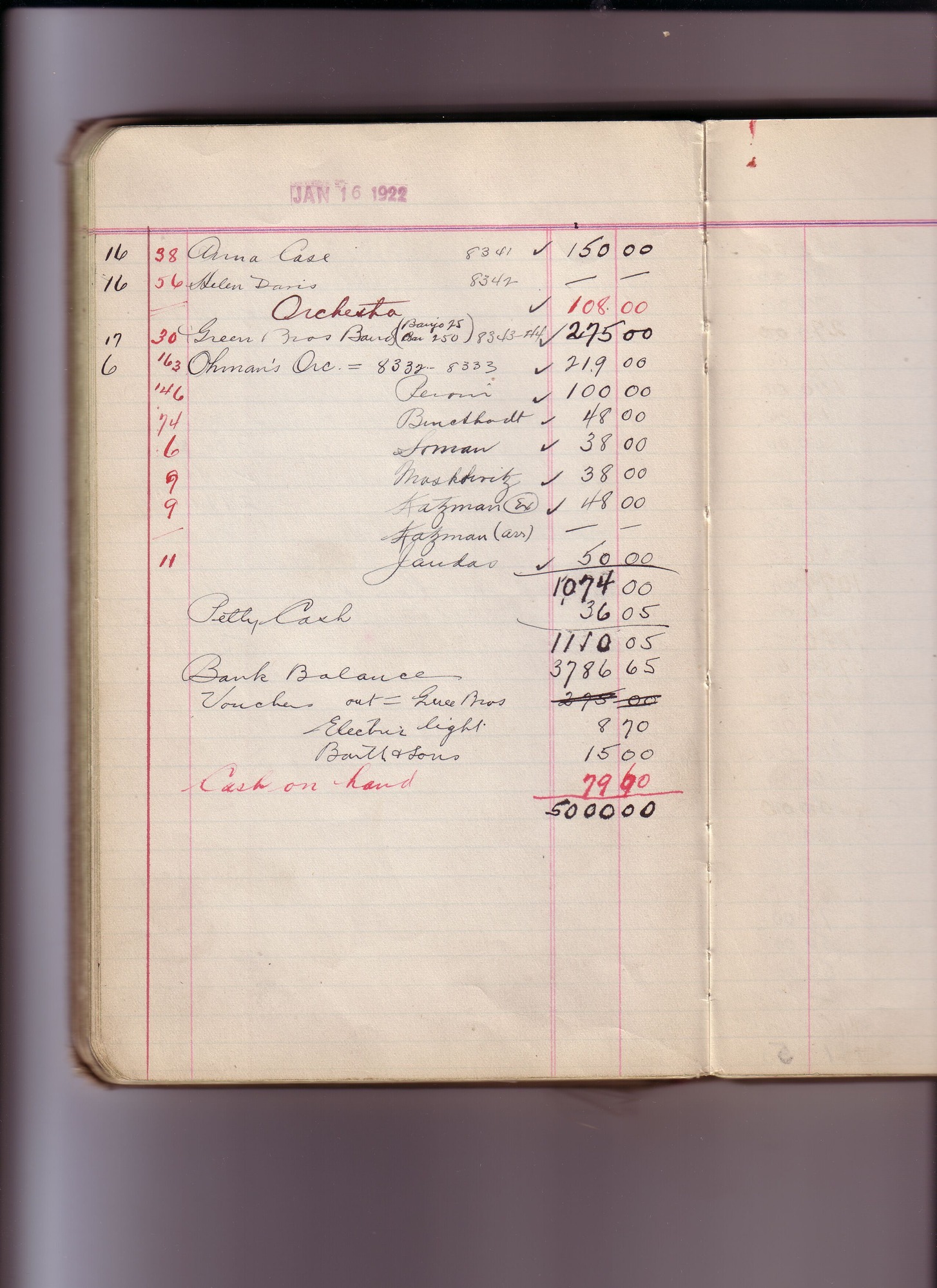 Thomas Edison's New York City Recording Studio Cash Book 17 (of 21), Image 108 (of 244).