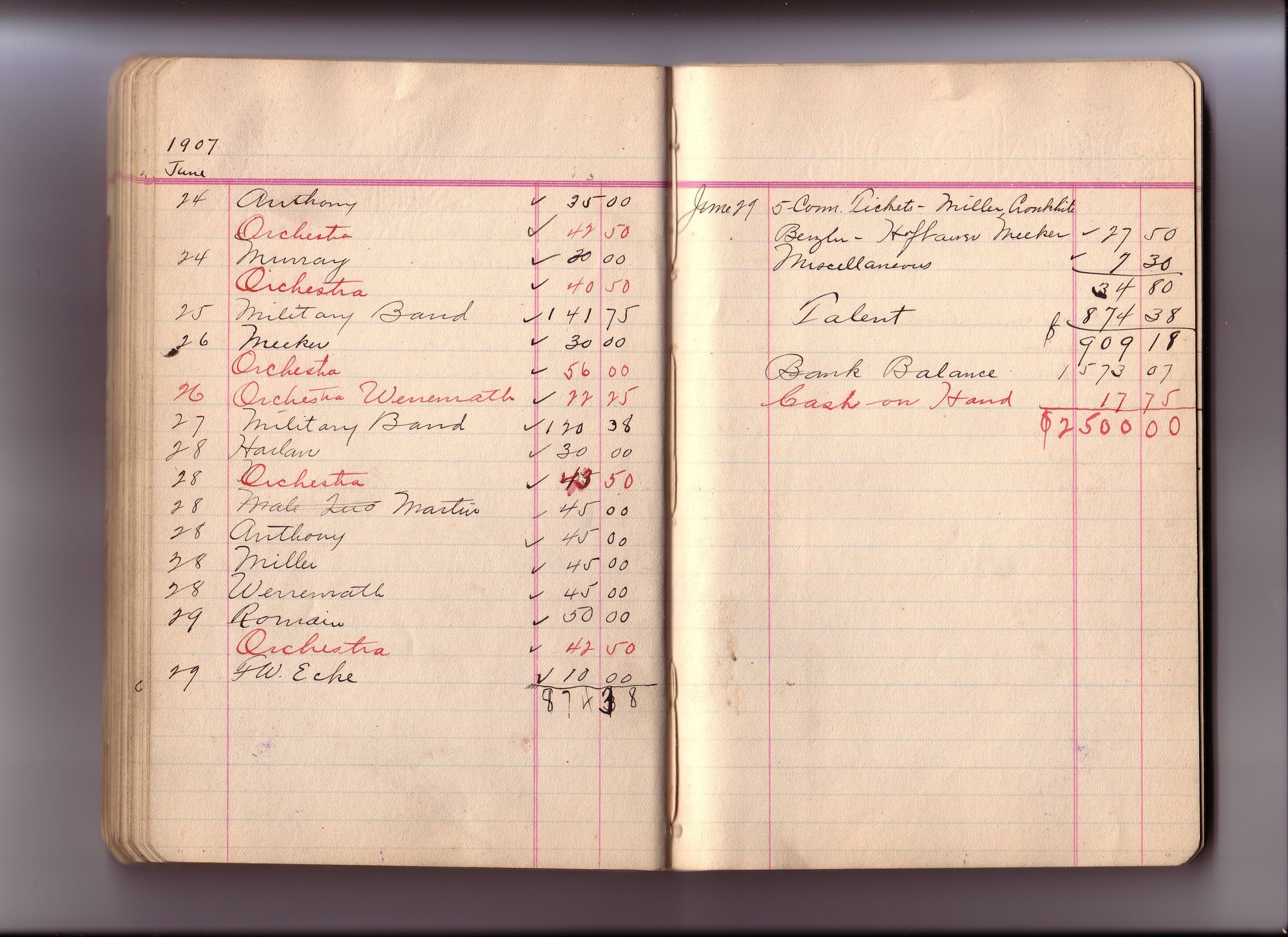 Thomas Edison's New York City Recording Studio Cash Book 03 (of 21), Image 55 (of 93).