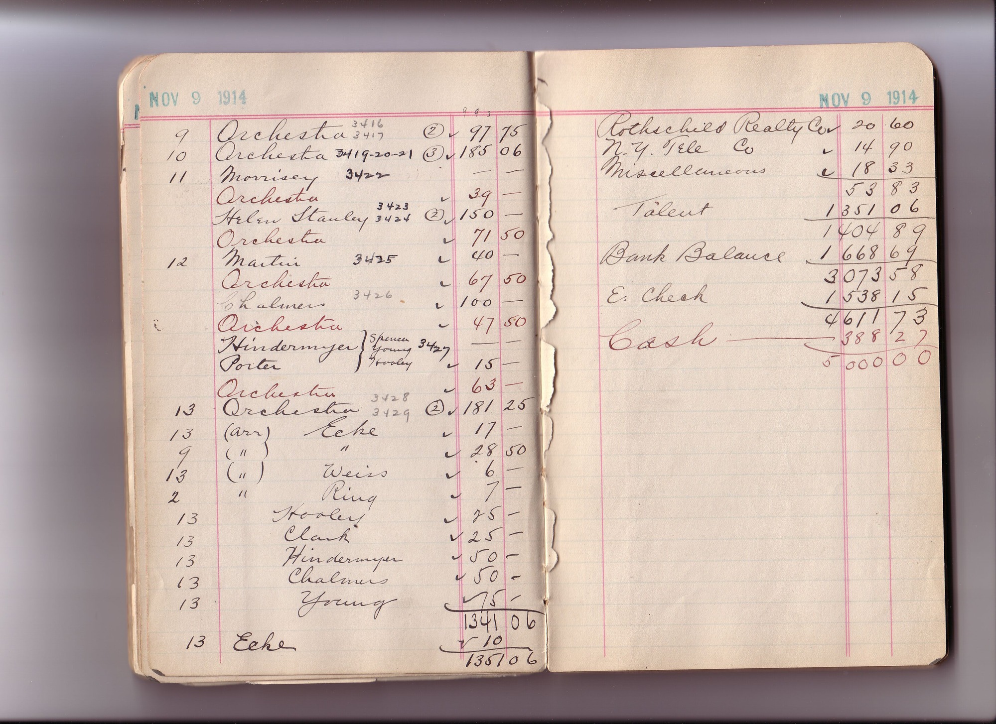 Thomas Edison's New York City Recording Studio Cash Book 11 (of 21), Image 47 (of 89).