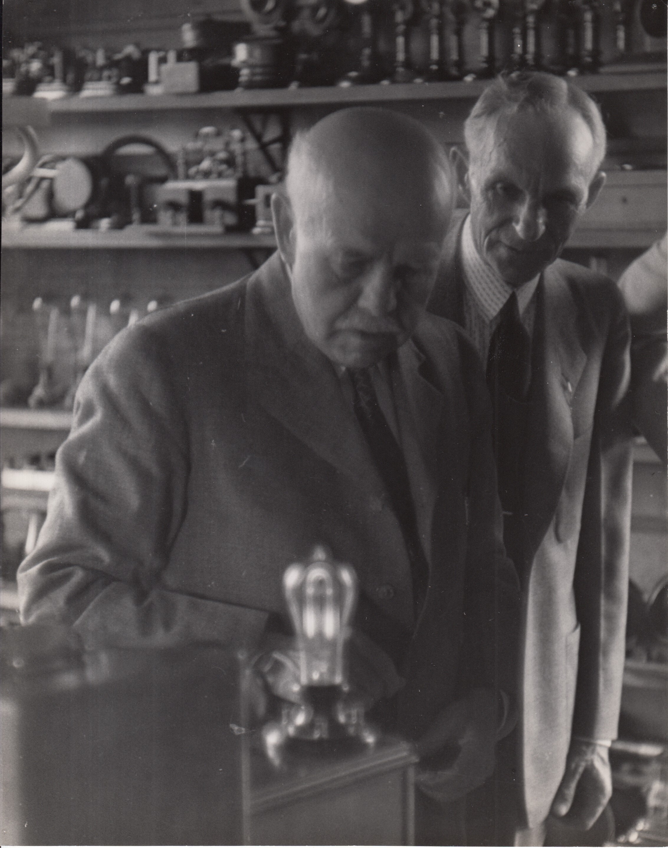 Francis Jehl and Henry Ford in reconstructed Menlo Park laboratory at Greenfield Village.