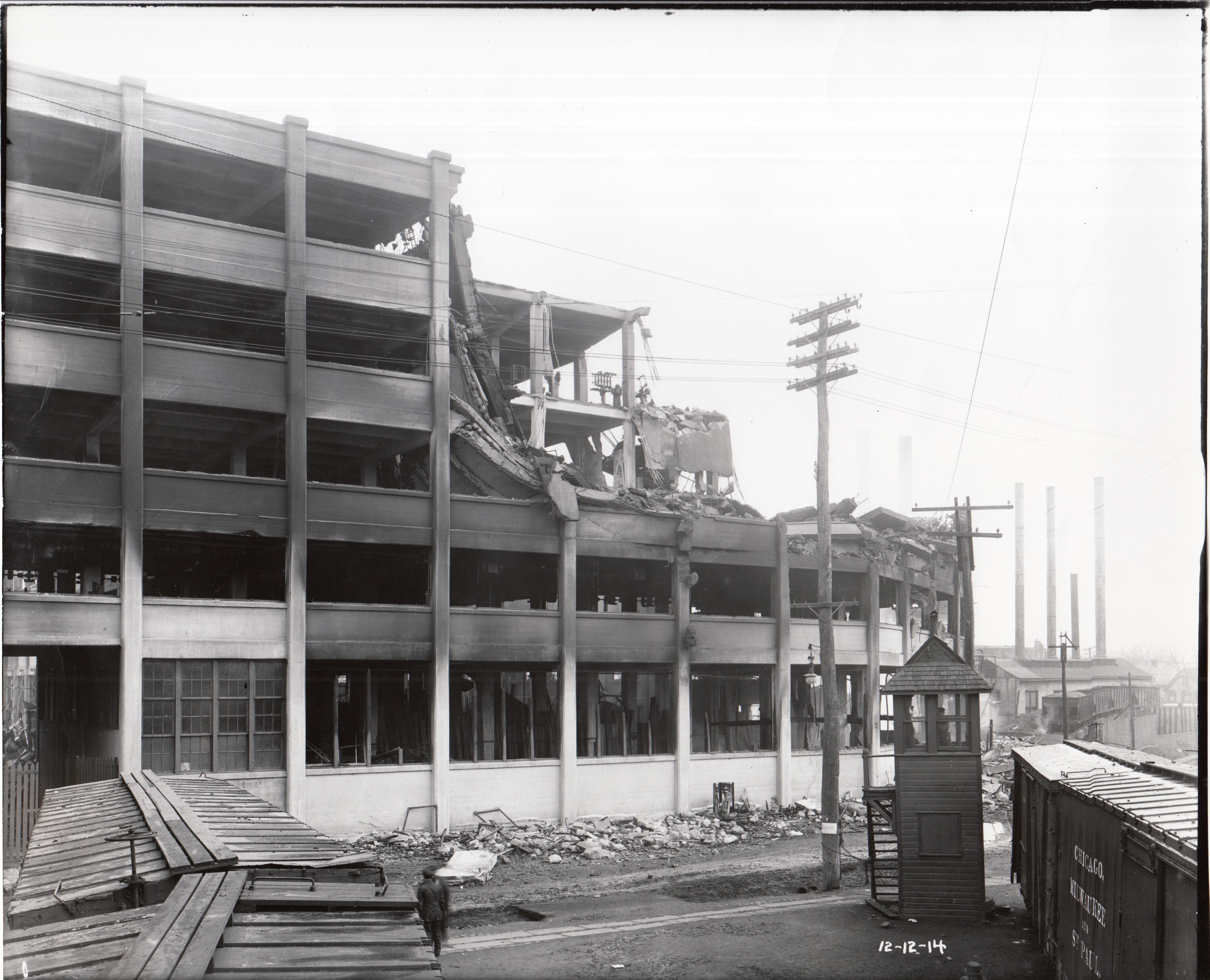 Collapsed corner of Building 11, taken from Erie railroad.