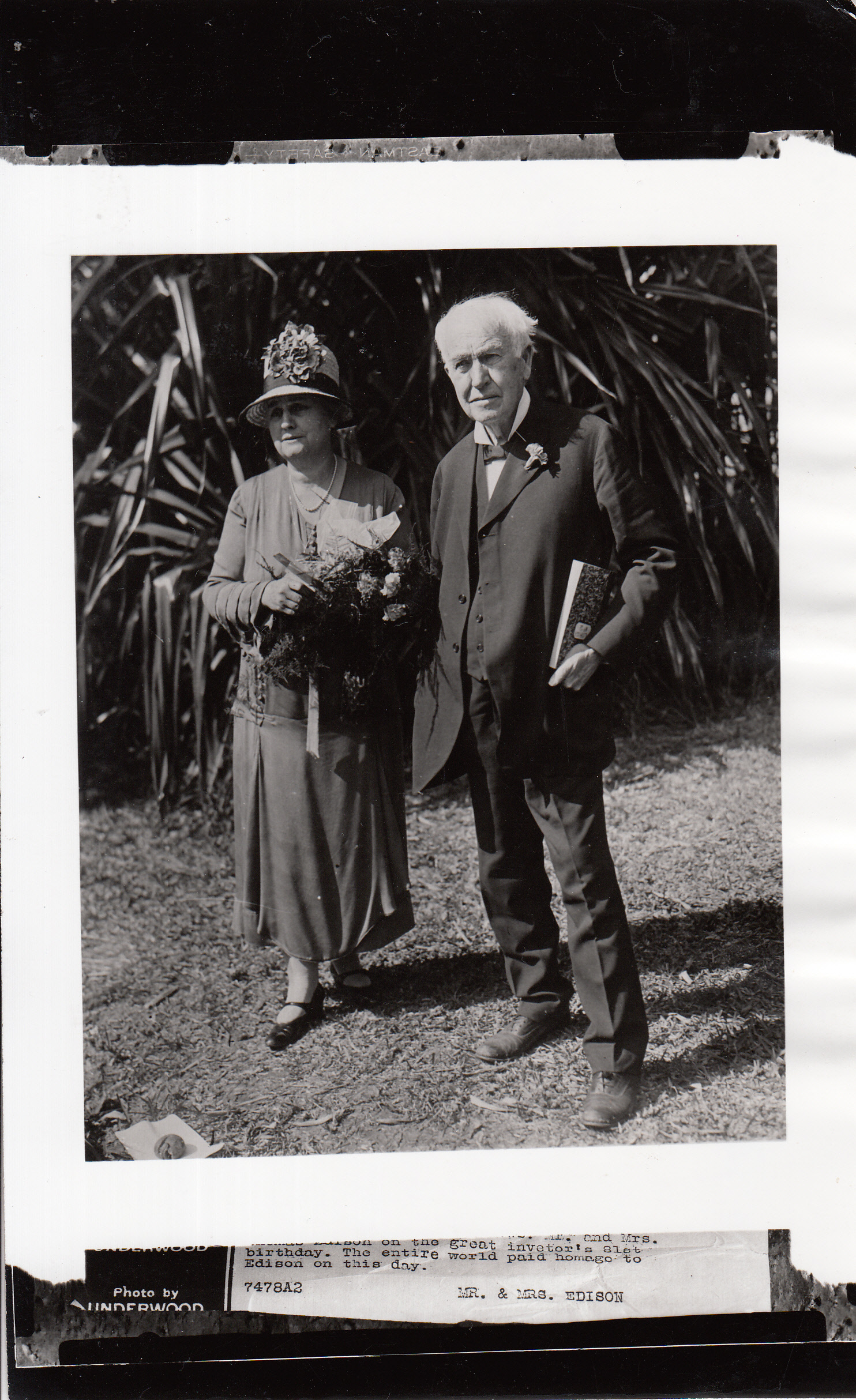 Mina Edison and Thomas Edison in Fort Myers on Thomas Edison's 81st birthday.