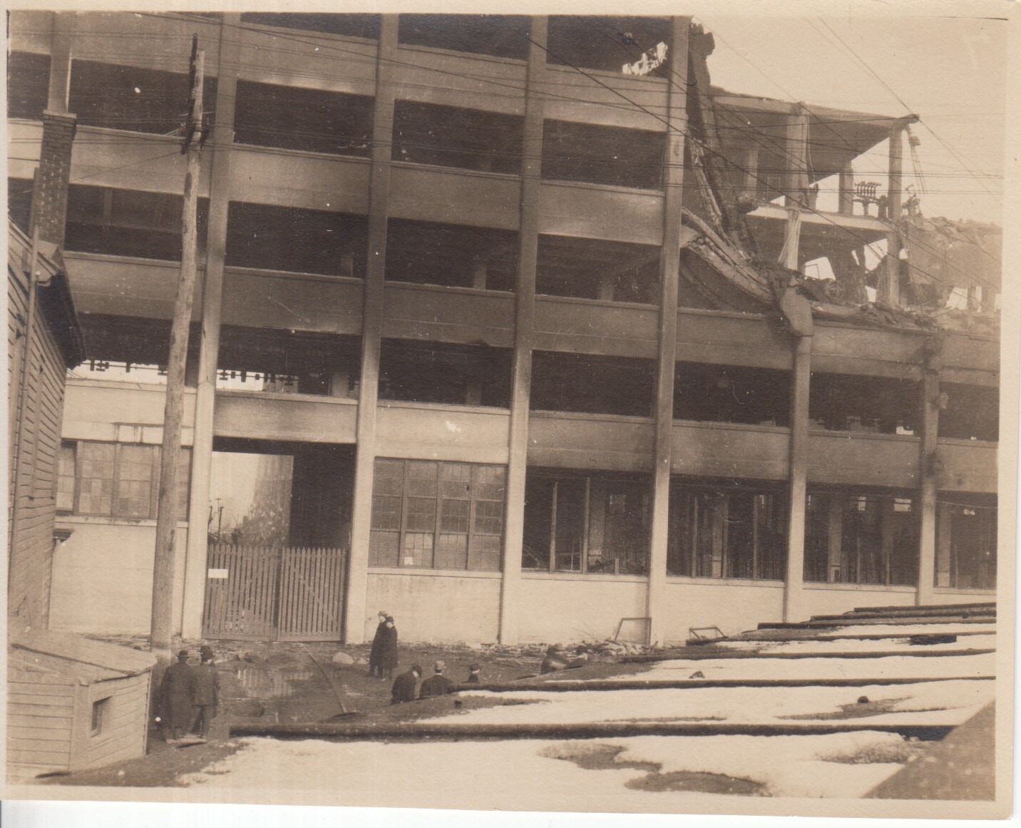 Phonograph Works after the fire, Building 11 with collapsed wall.